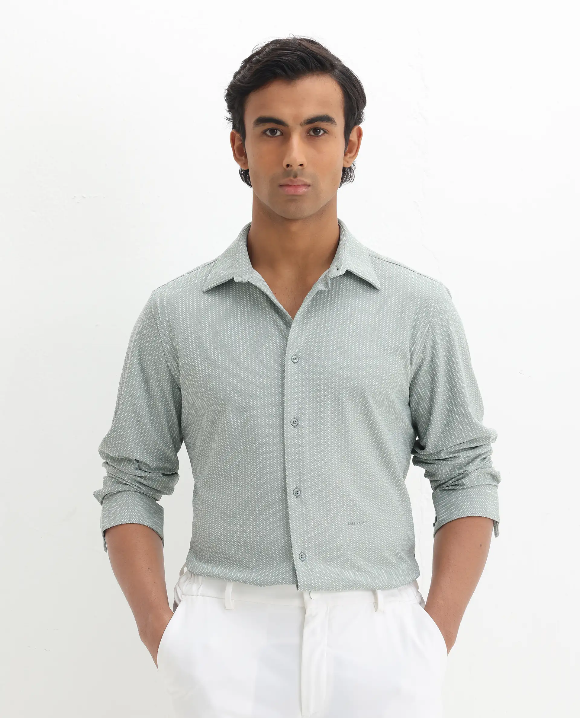 Rare Rabbit Men's Exclo Pastel Green Polyester Jacquard Regular Fit Full Sleeve Collared Shirt - Image 4