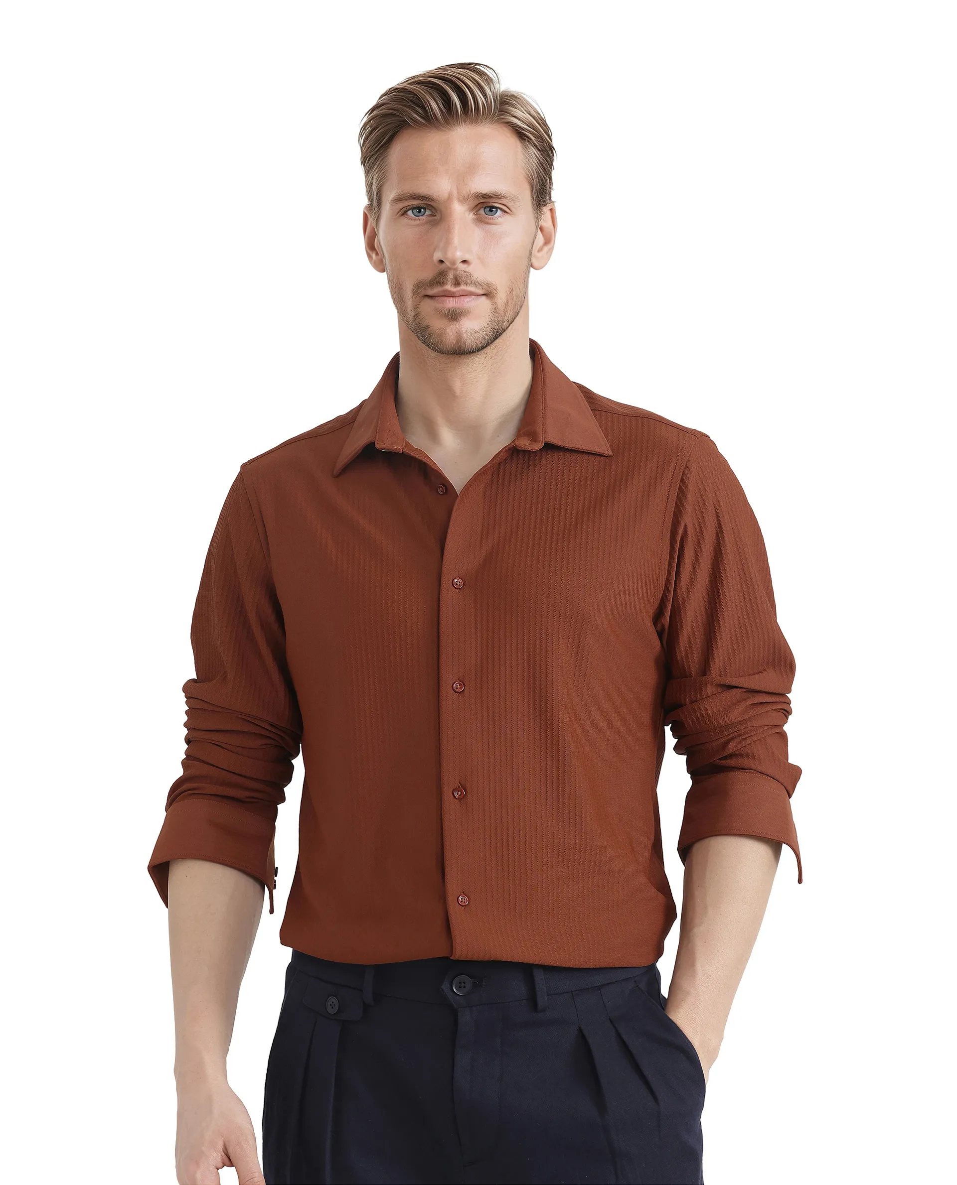 Rare Rabbit Men's Exclo Rust Polyester Jacquard Regular Fit Full Sleeve Collared Shirt - Image 2