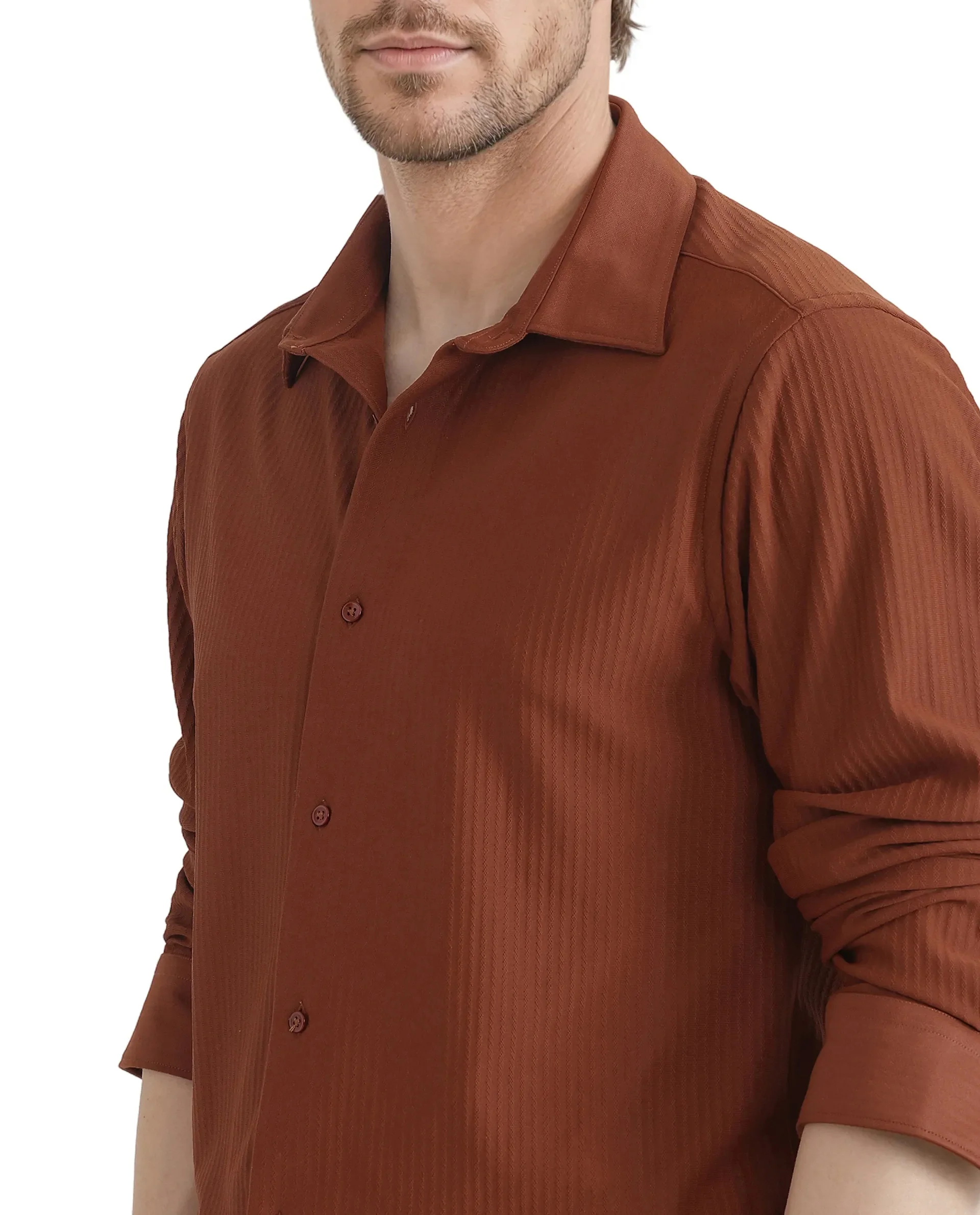 Rare Rabbit Men's Exclo Rust Polyester Jacquard Regular Fit Full Sleeve Collared Shirt - Image 3