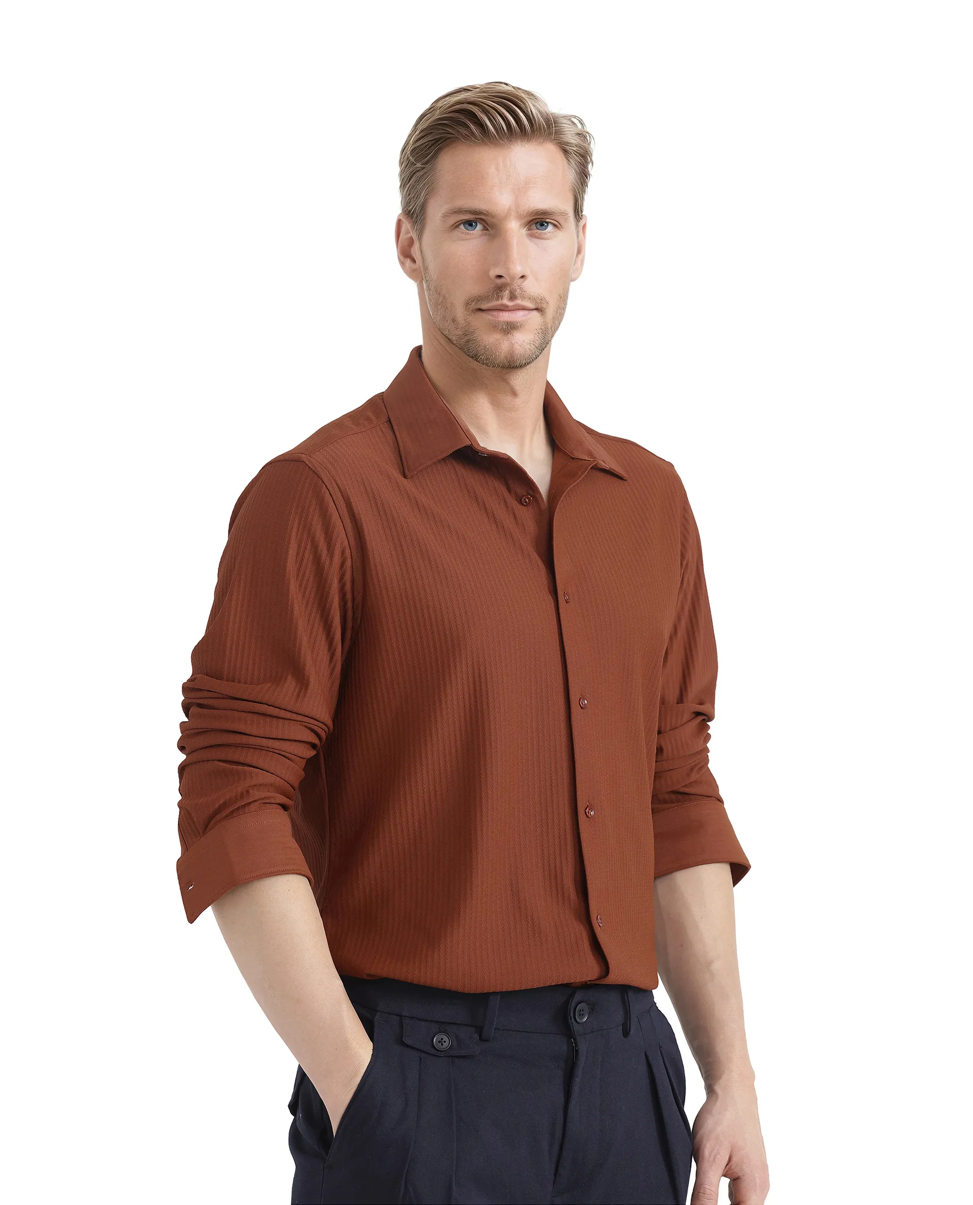 Rare Rabbit Men's Exclo Rust Polyester Jacquard Regular Fit Full Sleeve Collared Shirt - Image 5