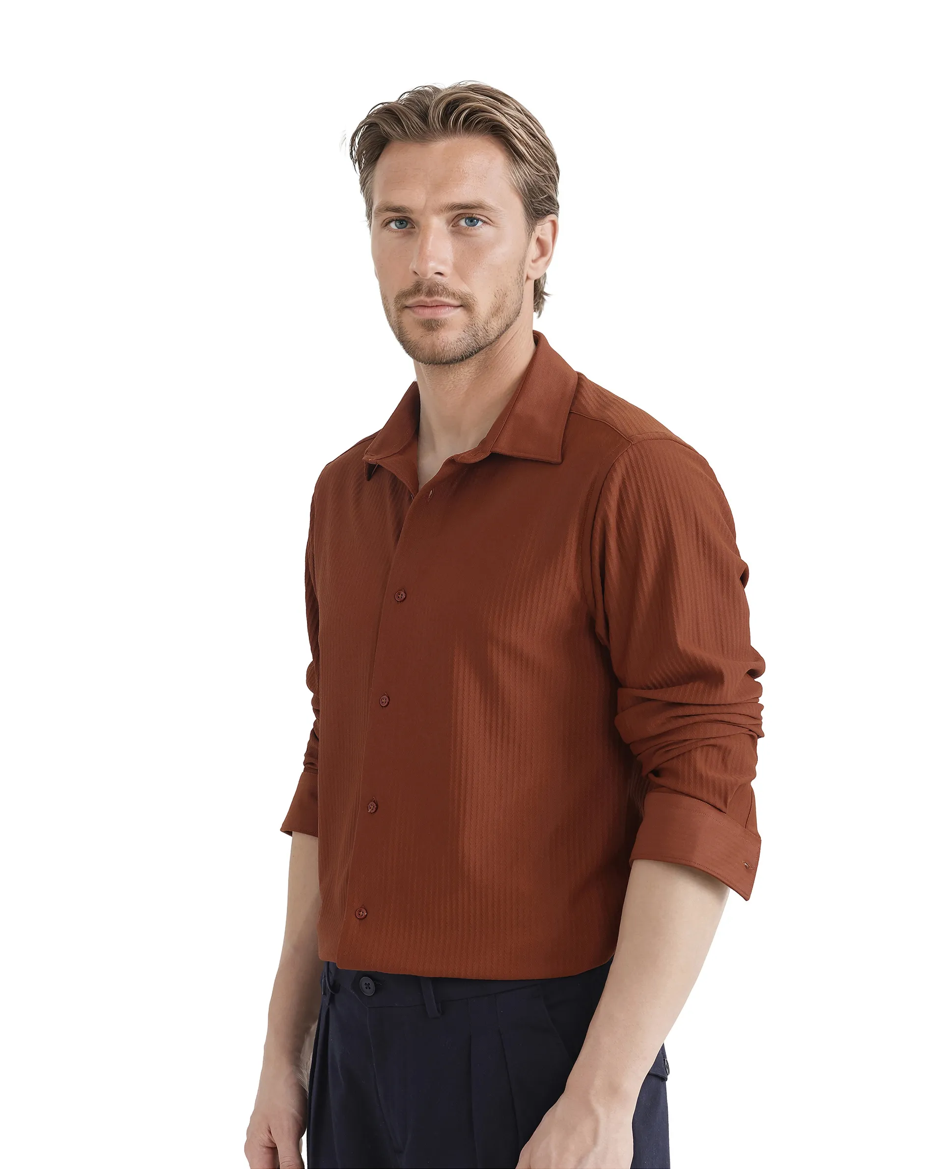 Rare Rabbit Men's Exclo Rust Polyester Jacquard Regular Fit Full Sleeve Collared Shirt - Image 6
