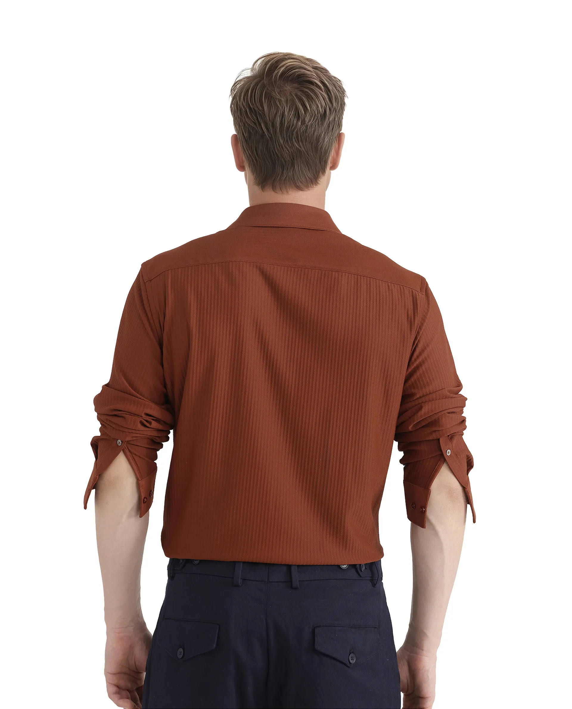 Rare Rabbit Men's Exclo Rust Polyester Jacquard Regular Fit Full Sleeve Collared Shirt - Image 7