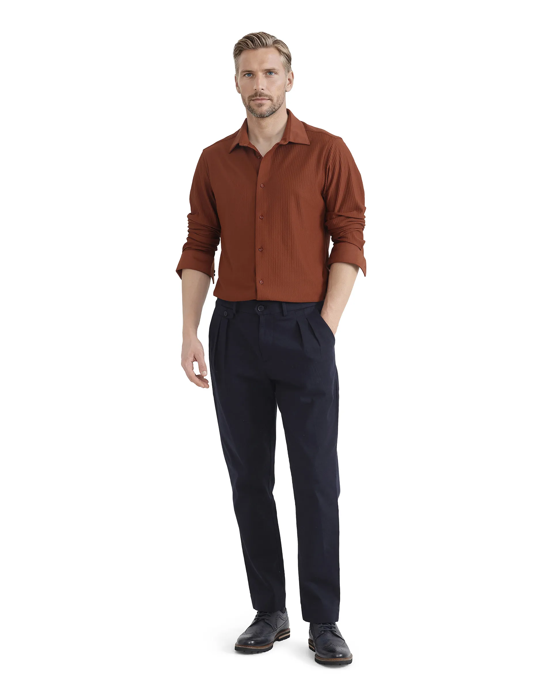 Rare Rabbit Men's Exclo Rust Polyester Jacquard Regular Fit Full Sleeve Collared Shirt - Image 8