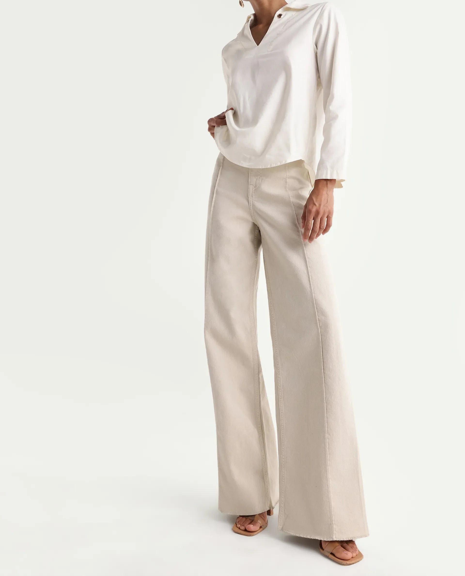 Rareism Women's Exenta Beige Cotton Wide Leg Plain Jeans - Image 2