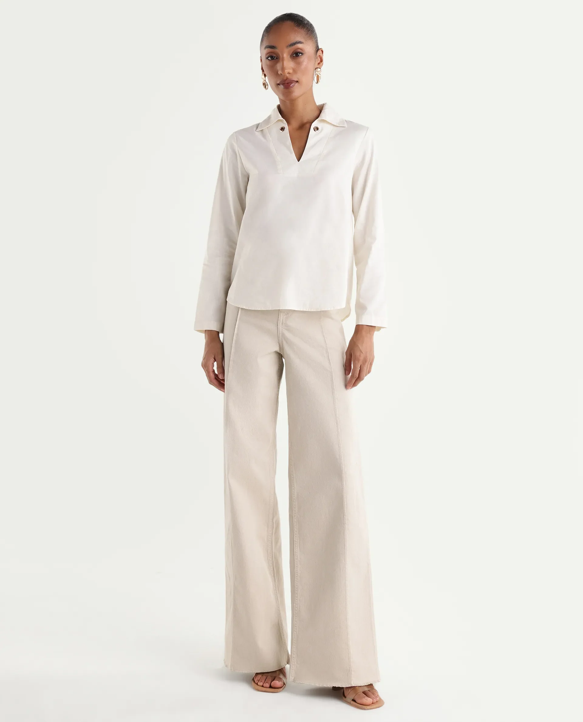 Rareism Women's Exenta Beige Cotton Wide Leg Plain Jeans - Image 4