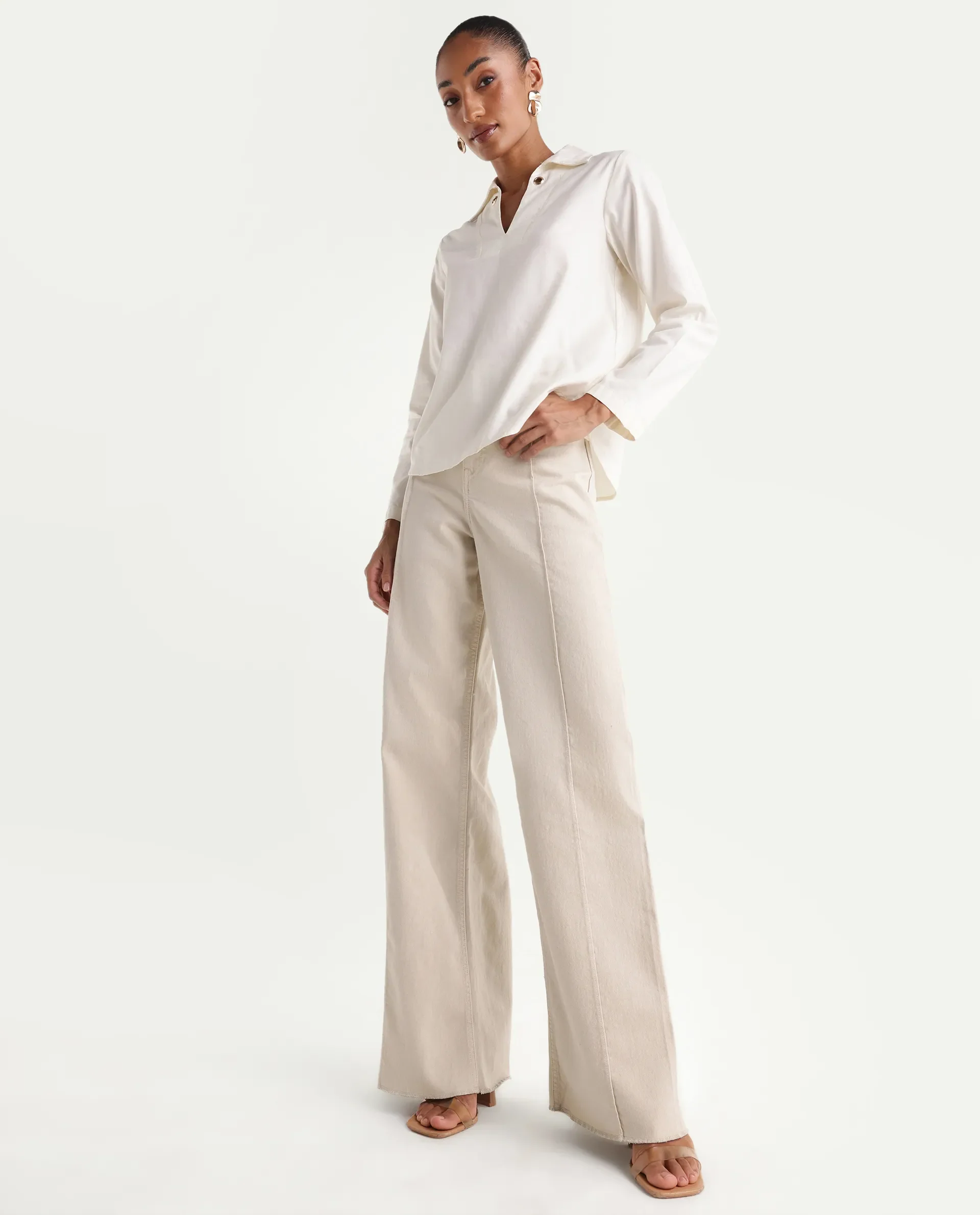 Rareism Women's Exenta Beige Cotton Wide Leg Plain Jeans - Image 5