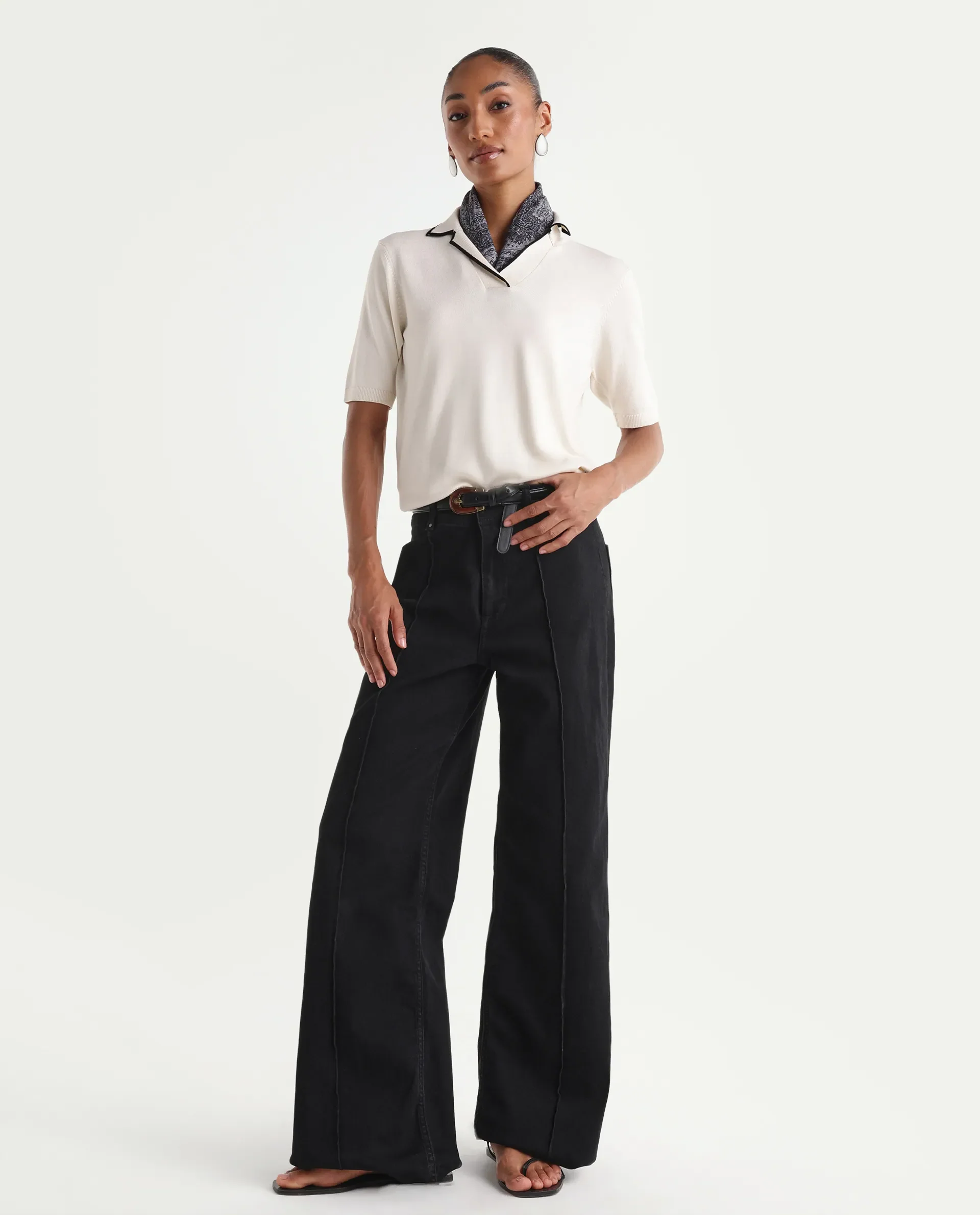 Rareism Women's Exia Black Cotton Blend Wide Leg Plain Jeans