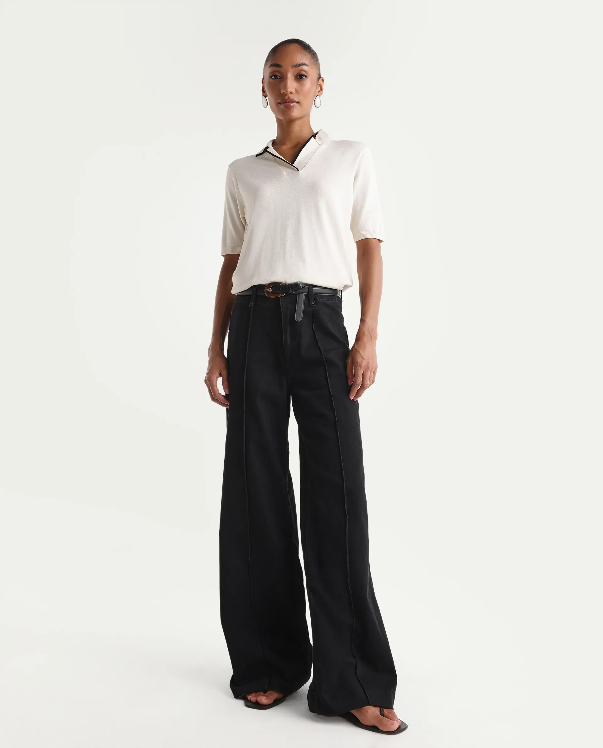 Rareism Women's Exia Black Cotton Blend Wide Leg Plain Jeans - Image 4
