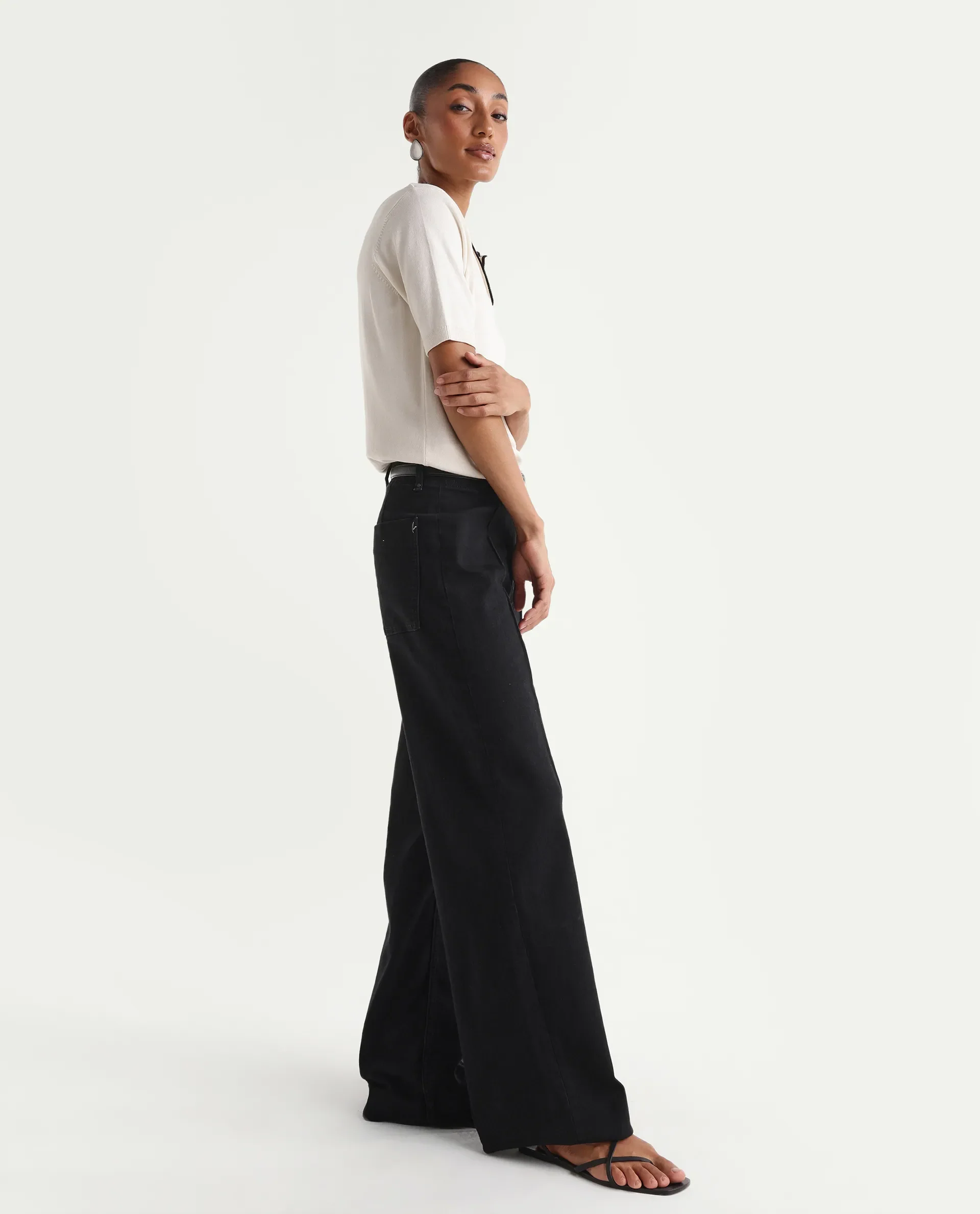 Rareism Women's Exia Black Cotton Blend Wide Leg Plain Jeans - Image 5