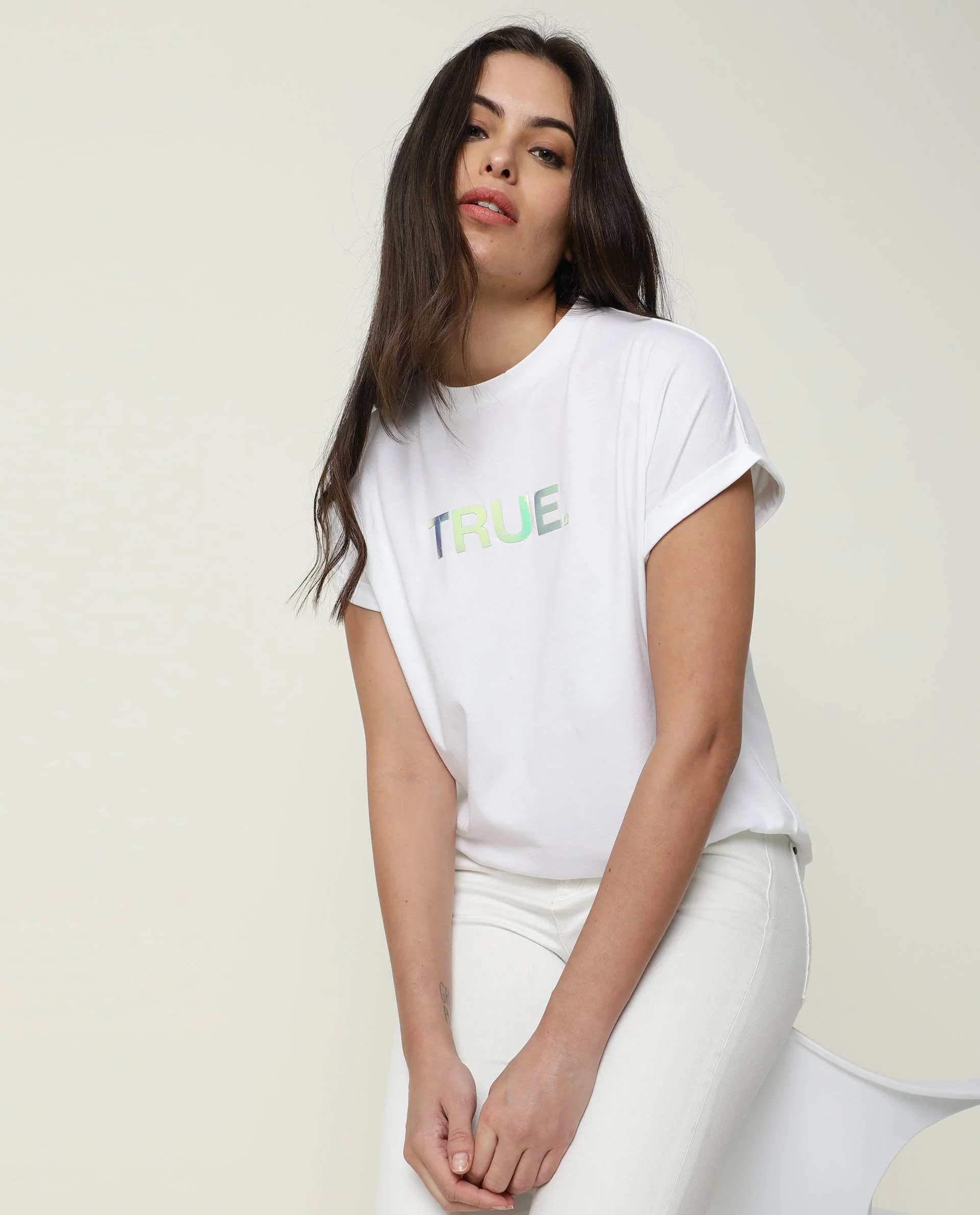 Rareism Womens Exist White T-Shirt Cotton Fabric Regular Fit Extended Sleeves Crew Neck