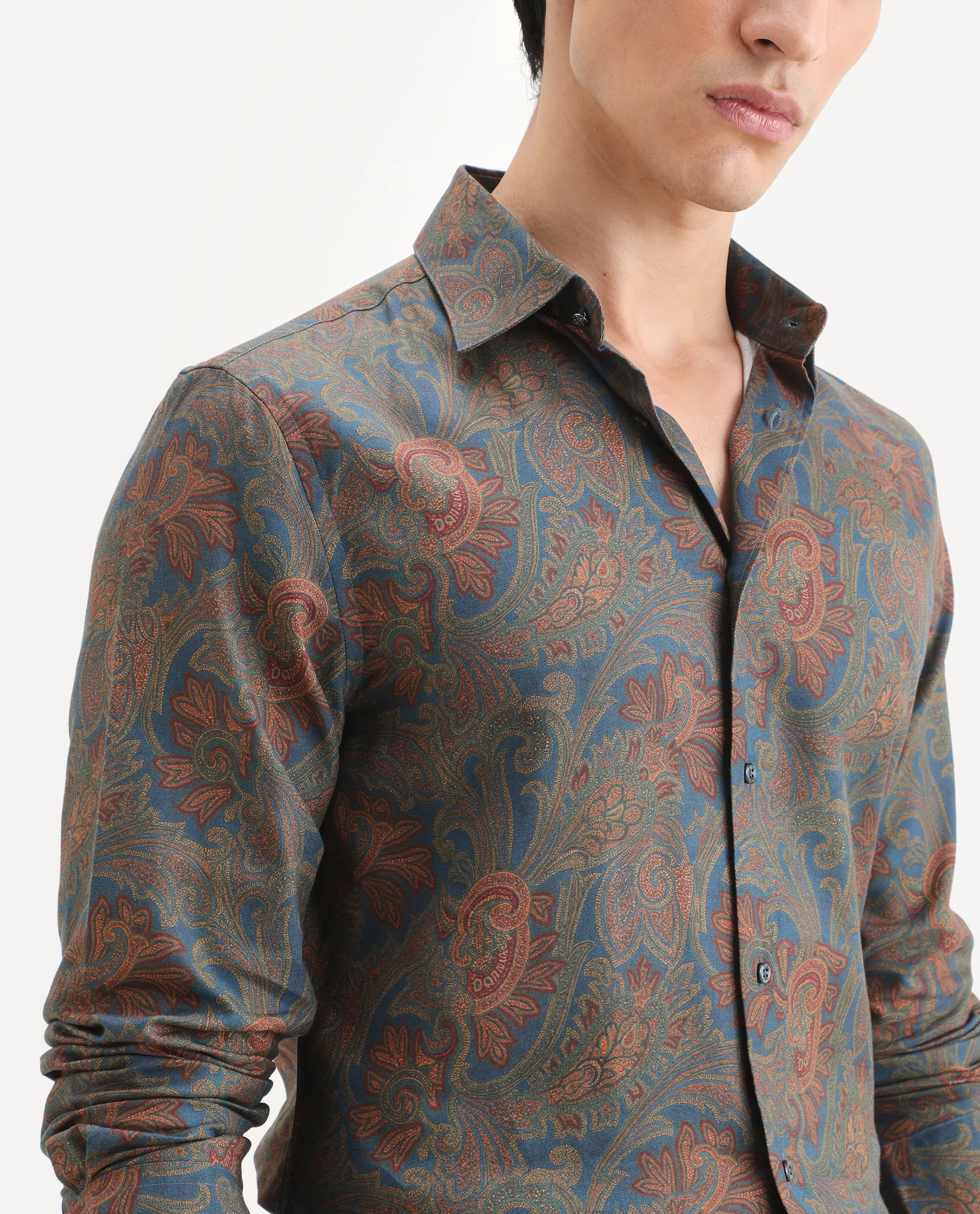 Rare Rabbit Men's Exor Dusky Blue Cotton Blend Fabric Full Sleeve Spread Collar Regular Fit Paisley Print Shirt - Image 3