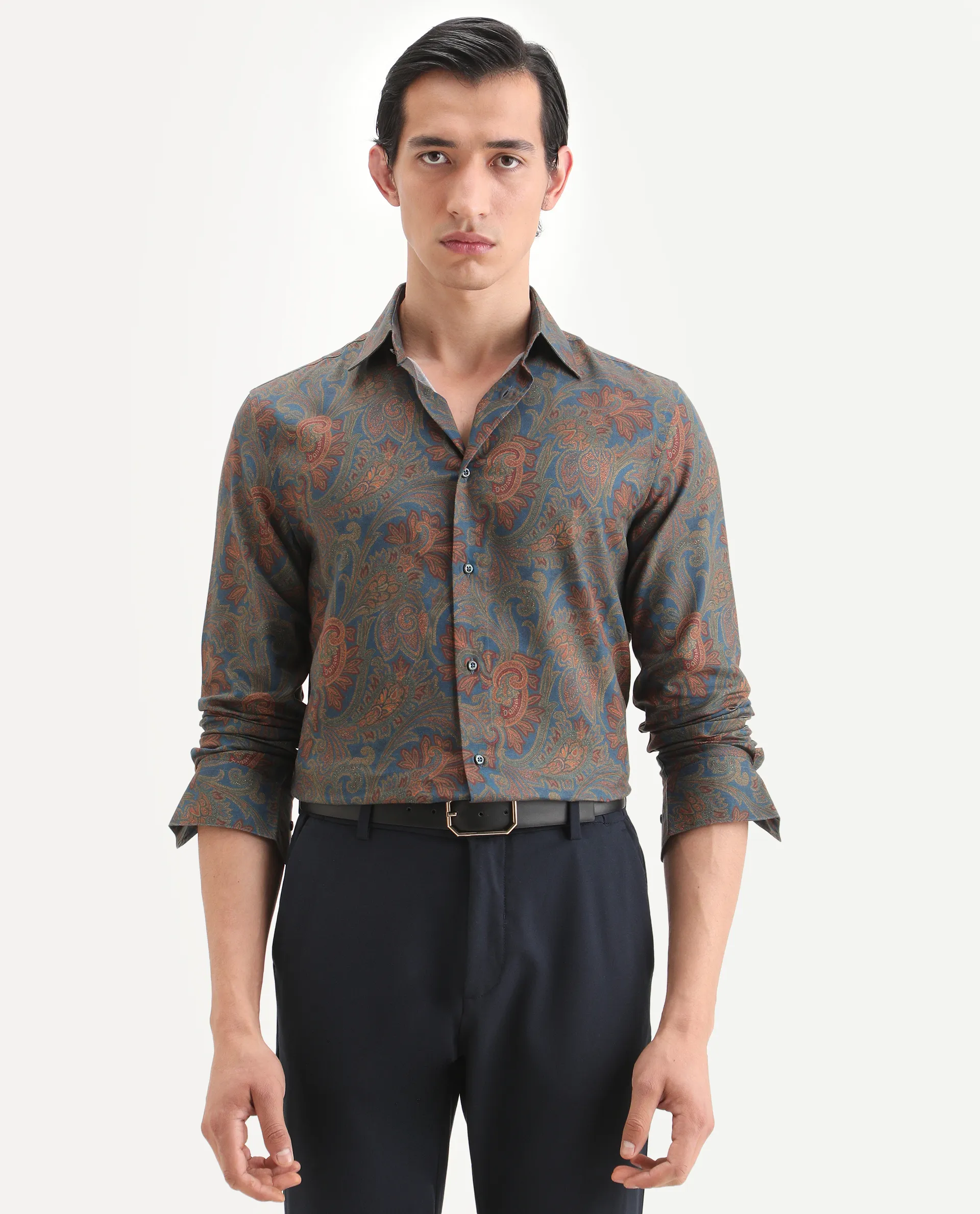 Rare Rabbit Men's Exor Dusky Blue Cotton Blend Fabric Full Sleeve Spread Collar Regular Fit Paisley Print Shirt - Image 4