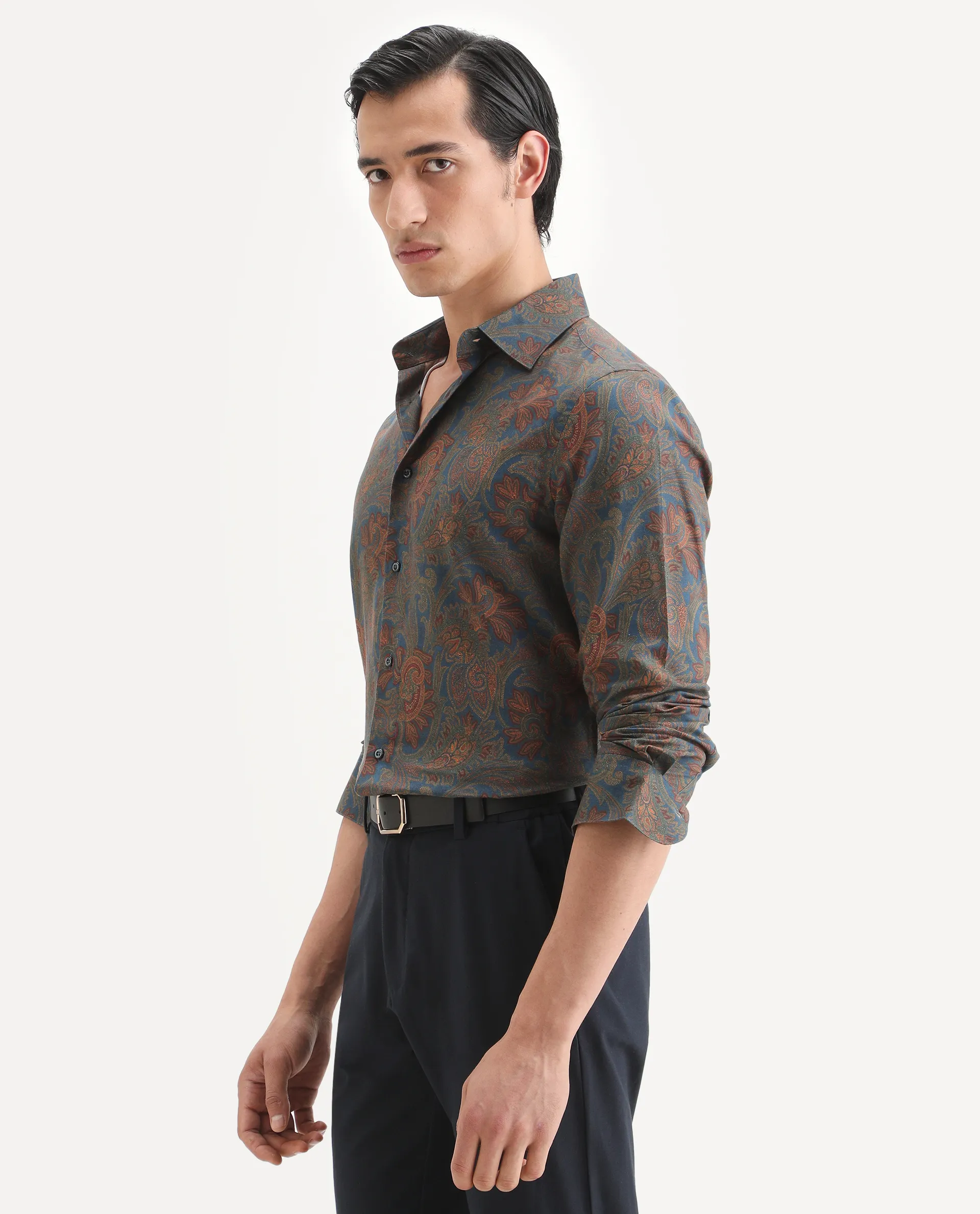 Rare Rabbit Men's Exor Dusky Blue Cotton Blend Fabric Full Sleeve Spread Collar Regular Fit Paisley Print Shirt - Image 5