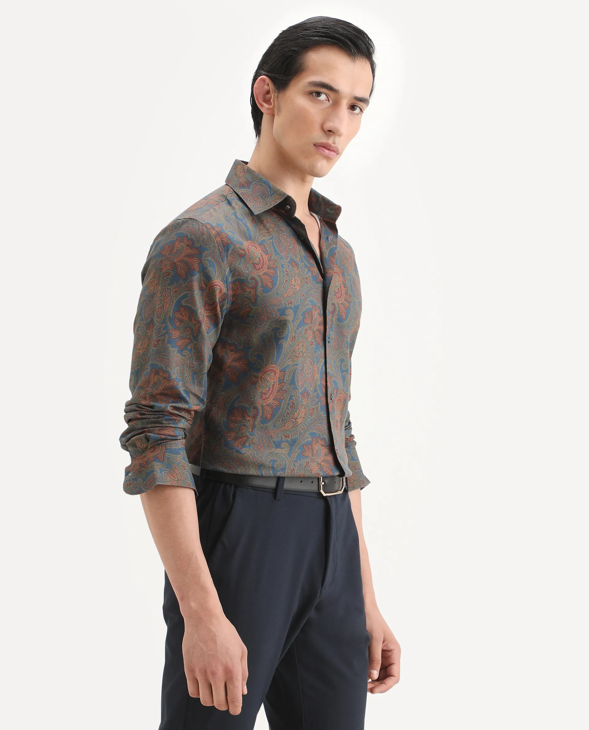 Rare Rabbit Men's Exor Dusky Blue Cotton Blend Fabric Full Sleeve Spread Collar Regular Fit Paisley Print Shirt - Image 6