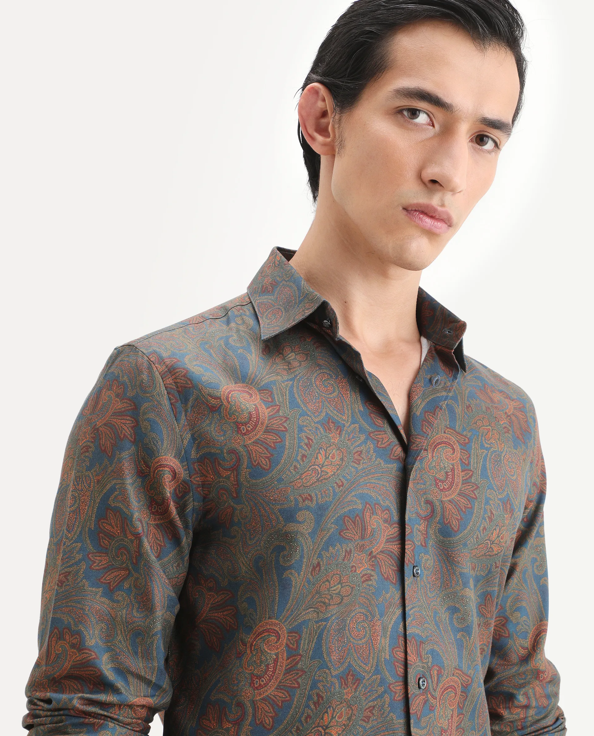 Rare Rabbit Men's Exor Dusky Blue Cotton Blend Fabric Full Sleeve Spread Collar Regular Fit Paisley Print Shirt - Image 7