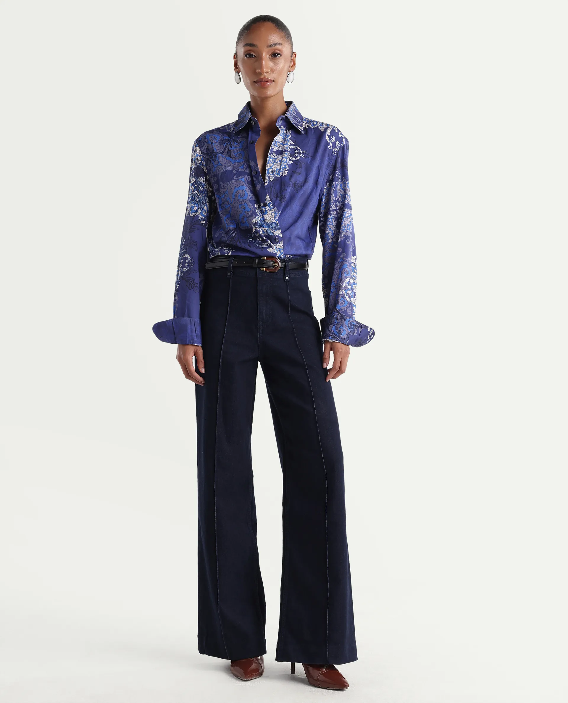 Rareism Women's Exora Dark Navy Cotton Blend Wide Leg Plain Jeans - Image 3