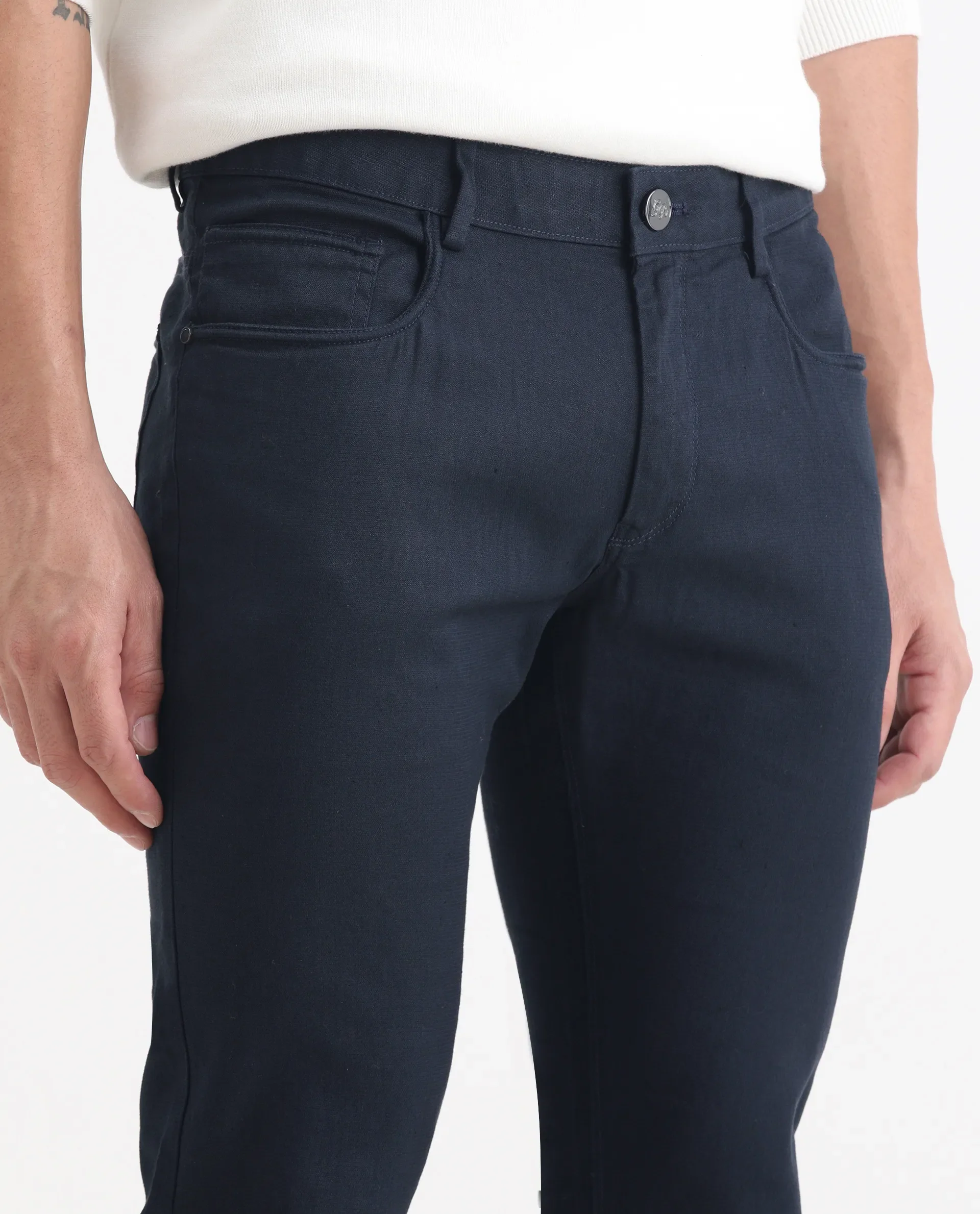 Rare Rabbit Men's Expore Navy Linen Blend Plain Regular Fit Trouser - Image 3