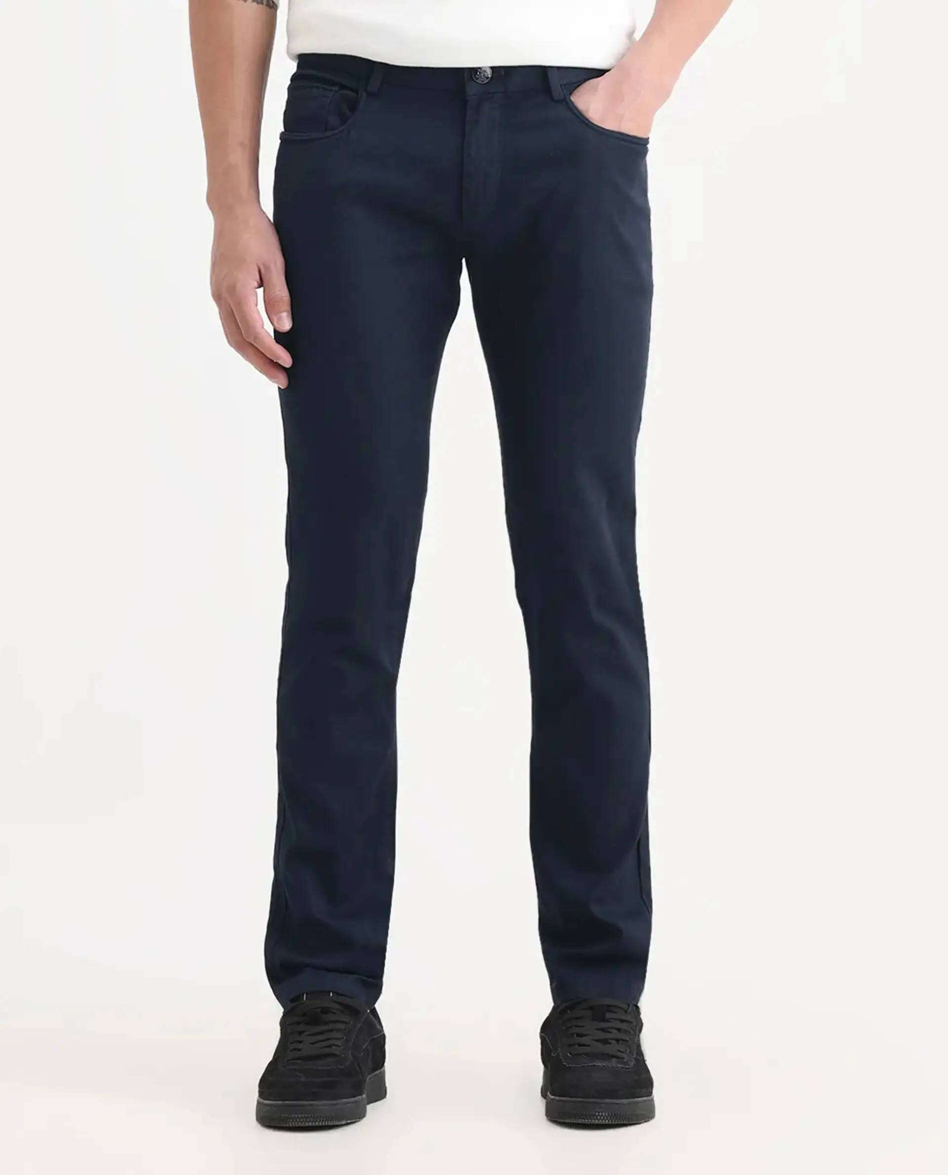Rare Rabbit Men's Expore Navy Linen Blend Plain Regular Fit Trouser - Image 8