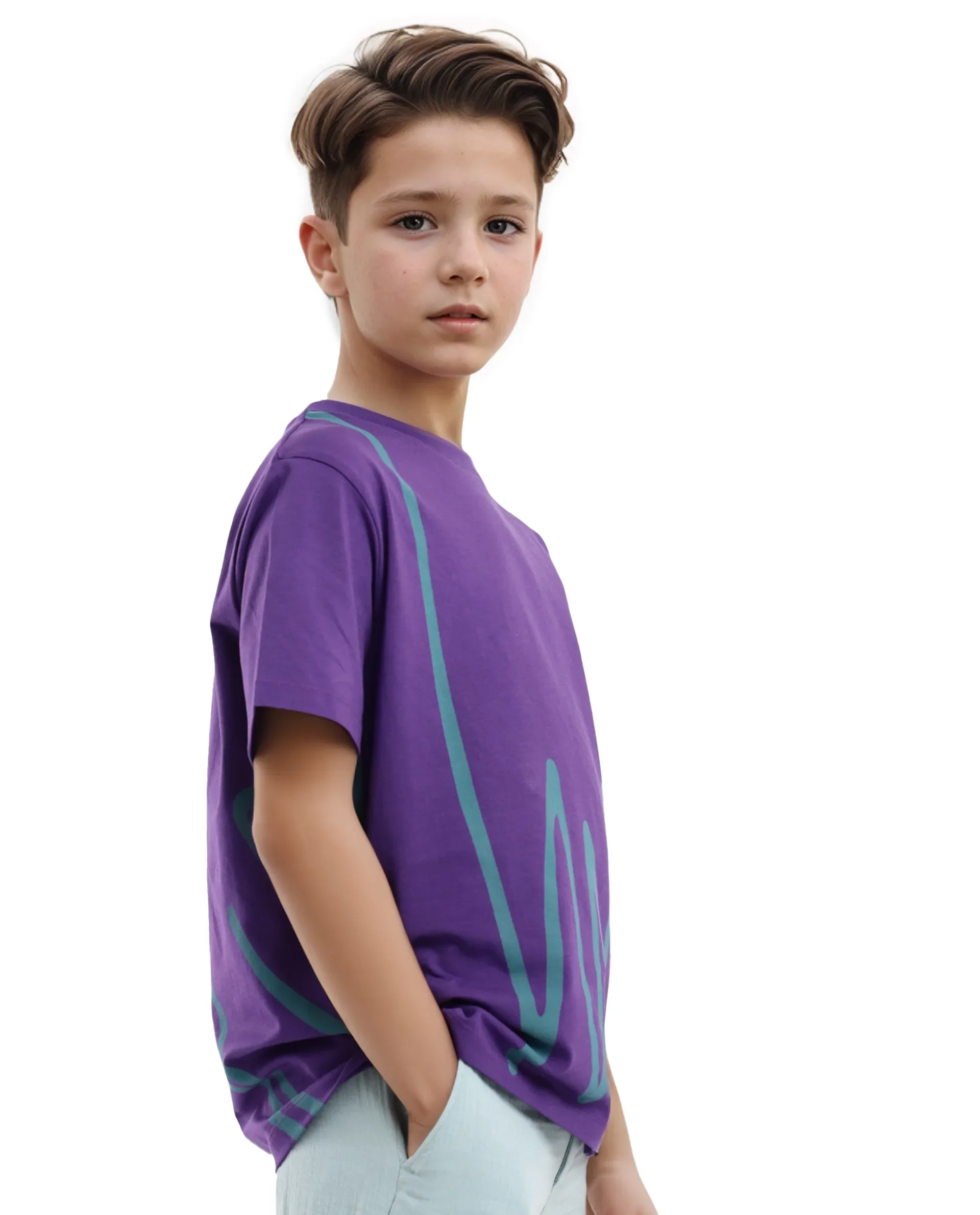 Rare Ones Kids Ezon Dark Purple Cotton Blend Fabric Half Sleeves Crew Neck Graphic Signature Print T-Shirt - Image 4