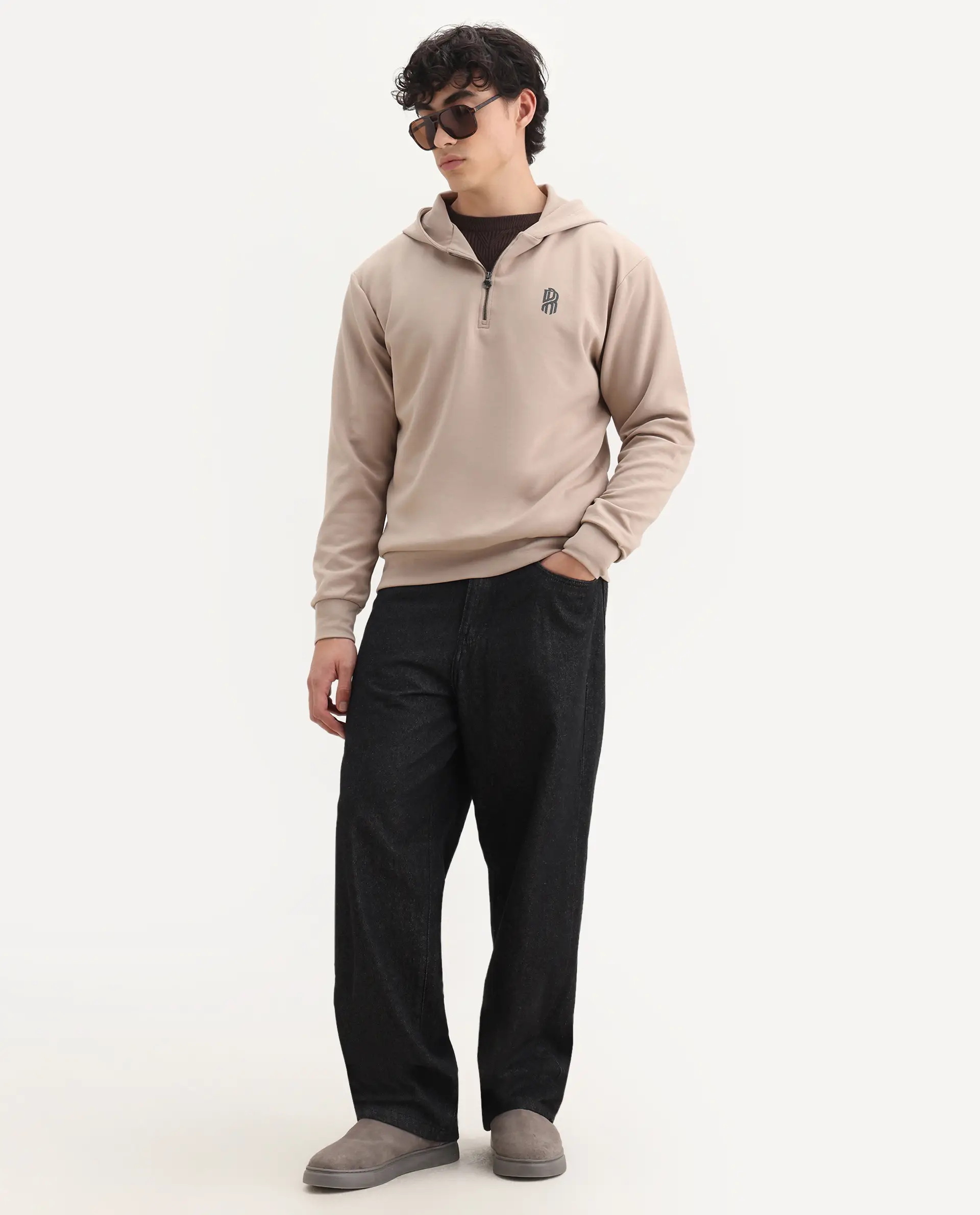 Rare Rabbit Men's Ezra Beige Cotton Blend Fabric Full Sleeve Hooded Graphic Print Sweatshirt - Image 2