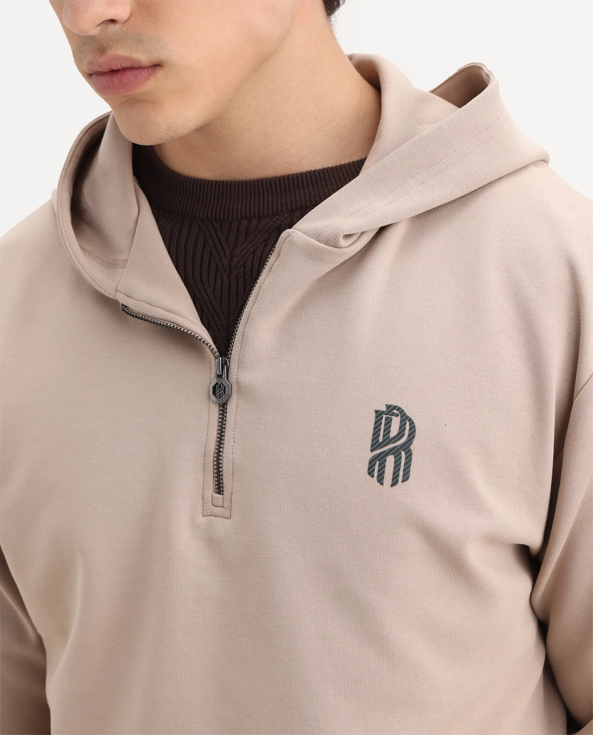 Rare Rabbit Men's Ezra Beige Cotton Blend Fabric Full Sleeve Hooded Graphic Print Sweatshirt - Image 3