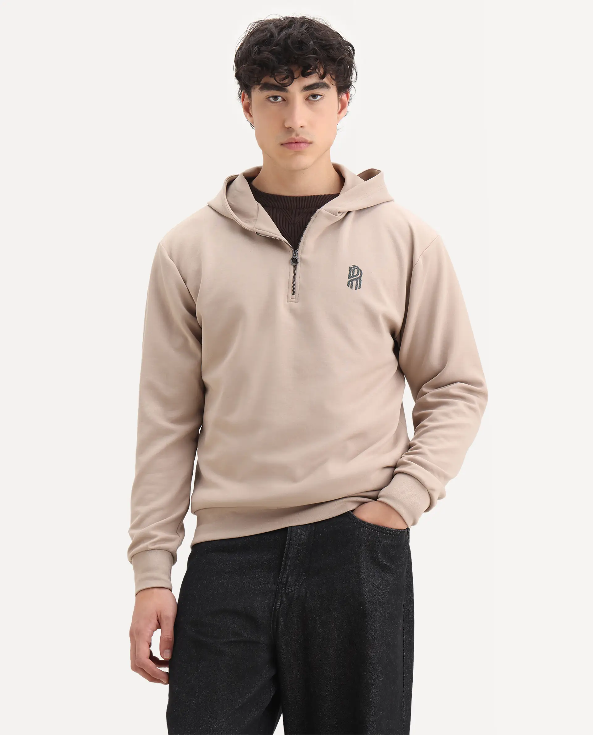 Rare Rabbit Men's Ezra Beige Cotton Blend Fabric Full Sleeve Hooded Graphic Print Sweatshirt - Image 4
