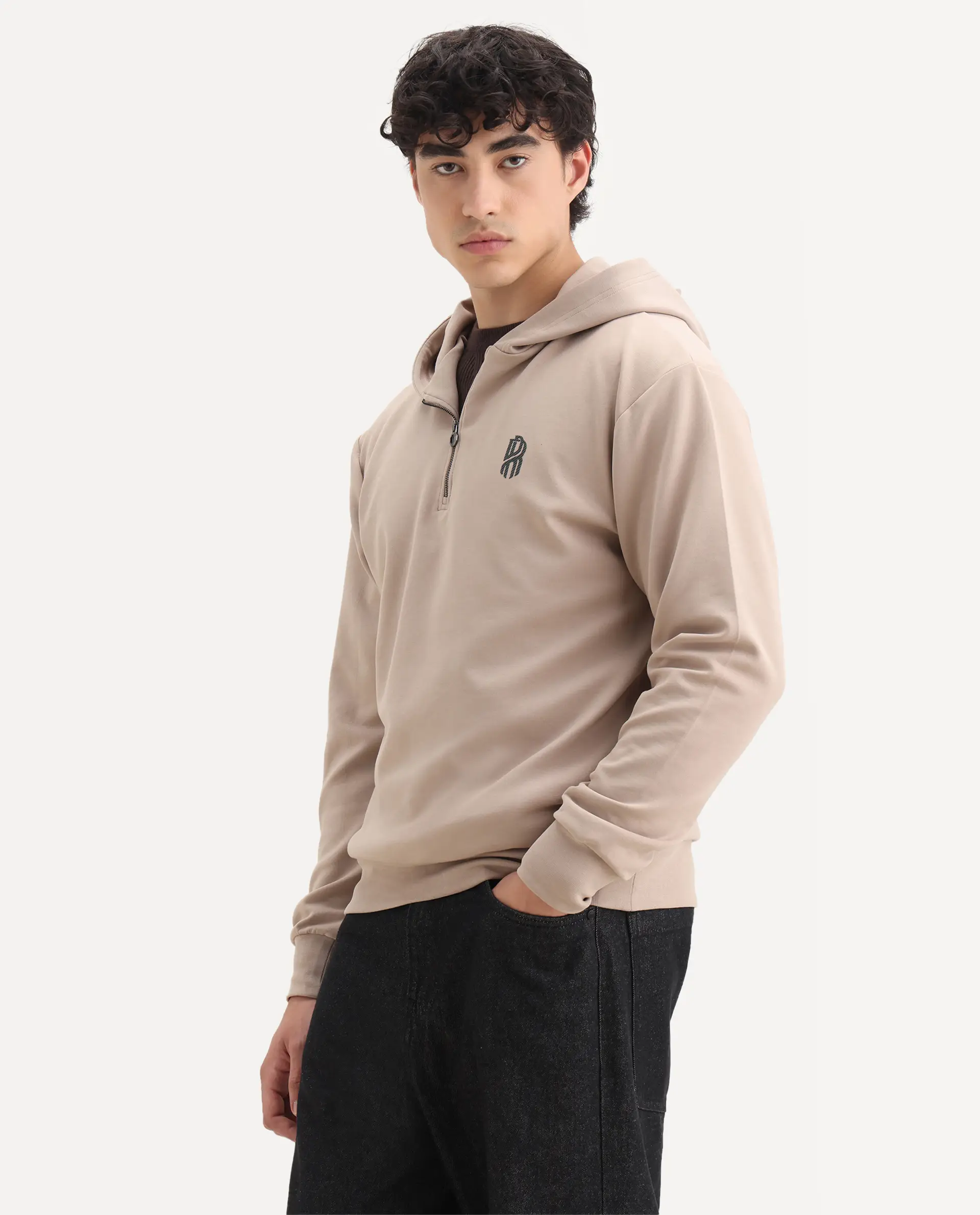 Rare Rabbit Men's Ezra Beige Cotton Blend Fabric Full Sleeve Hooded Graphic Print Sweatshirt - Image 5