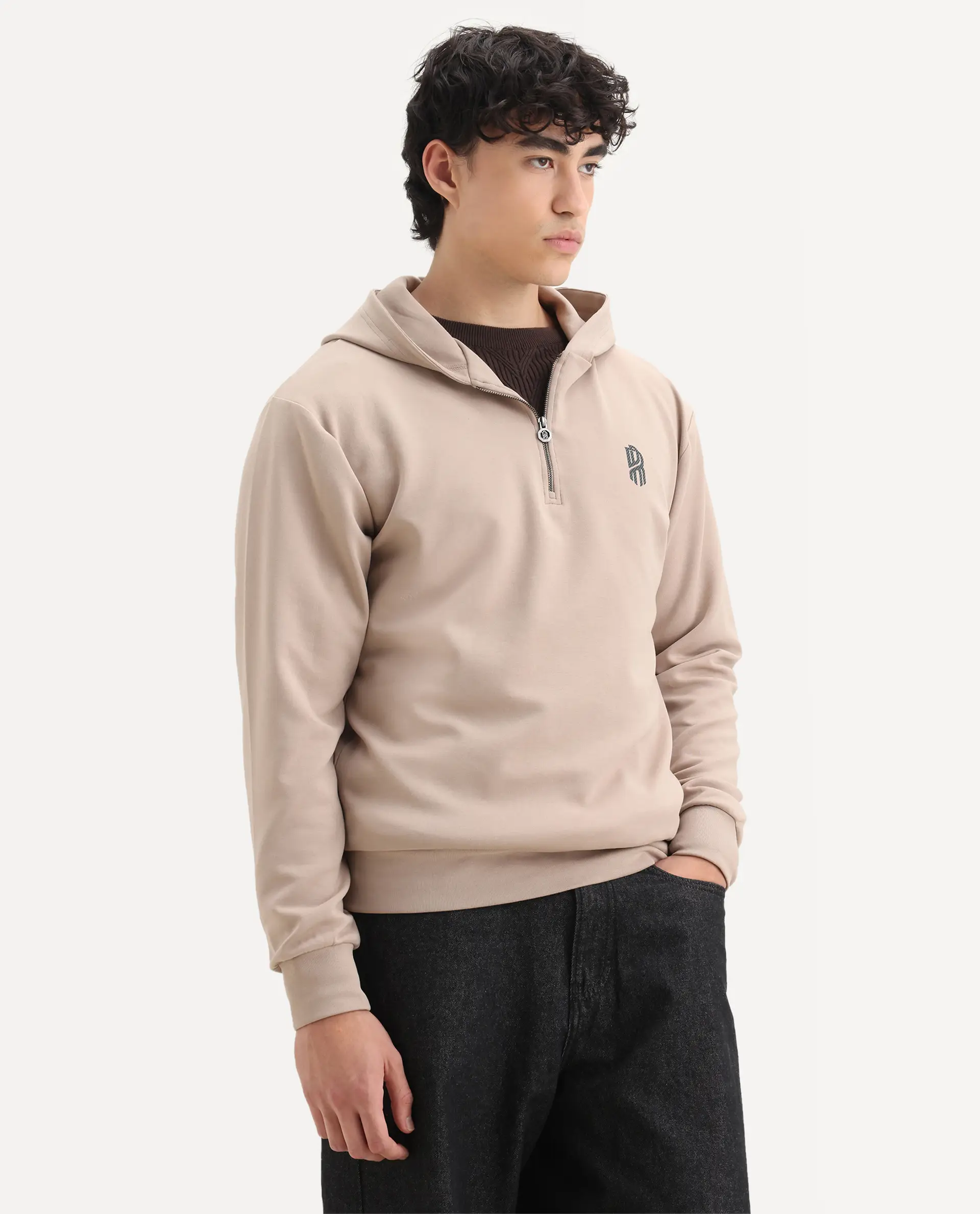 Rare Rabbit Men's Ezra Beige Cotton Blend Fabric Full Sleeve Hooded Graphic Print Sweatshirt - Image 6