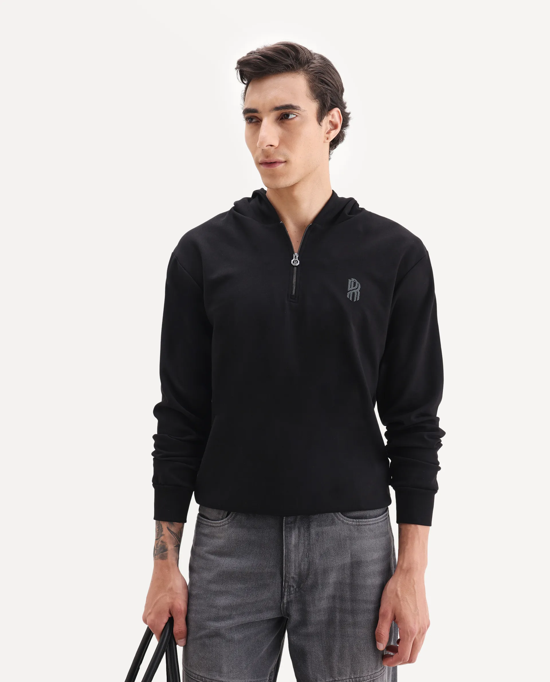 Rare Rabbit Men's Ezra Black Cotton Blend Fabric Full Sleeve Hooded Graphic Print Sweatshirt