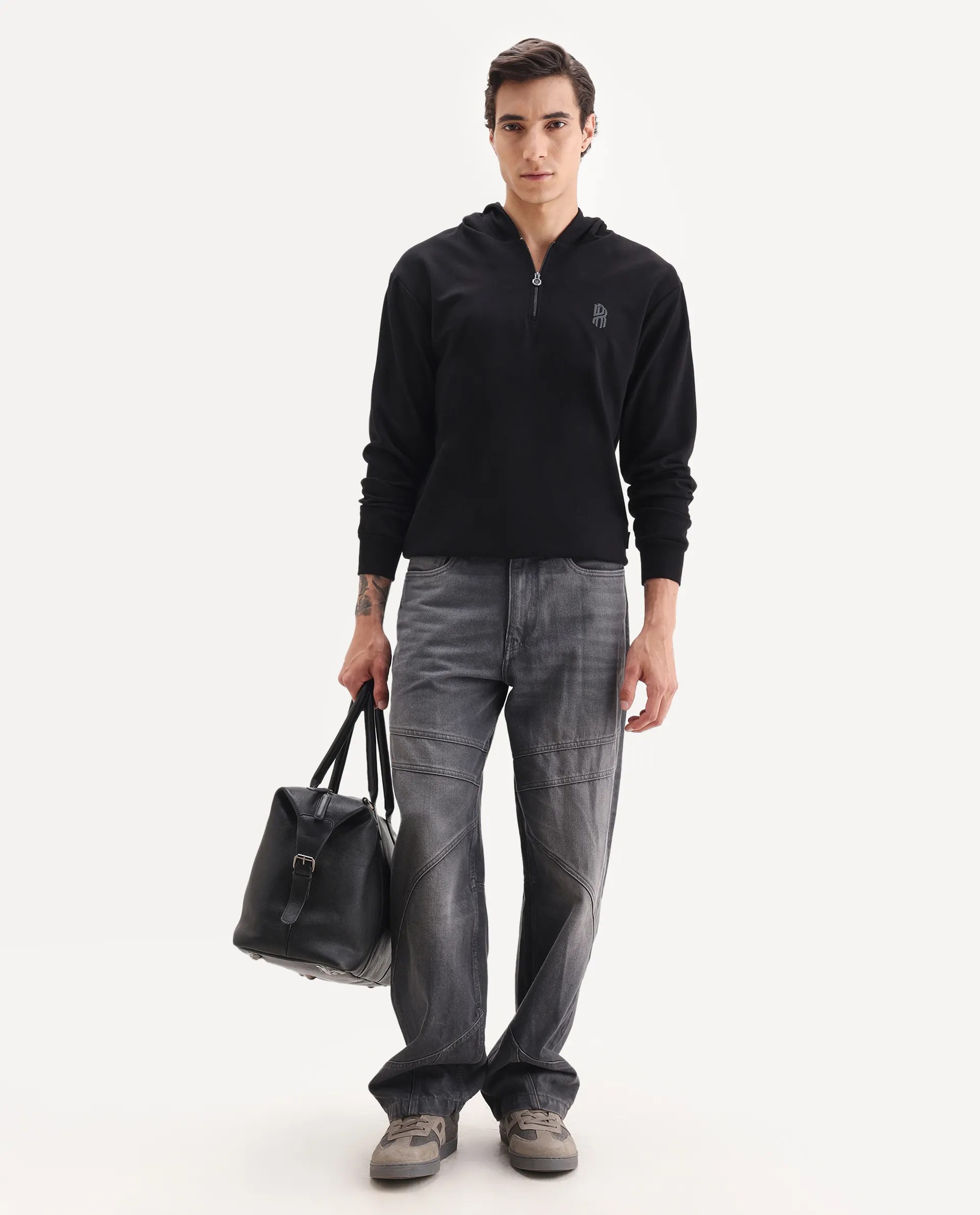 Rare Rabbit Men's Ezra Black Cotton Blend Fabric Full Sleeve Hooded Graphic Print Sweatshirt - Image 2
