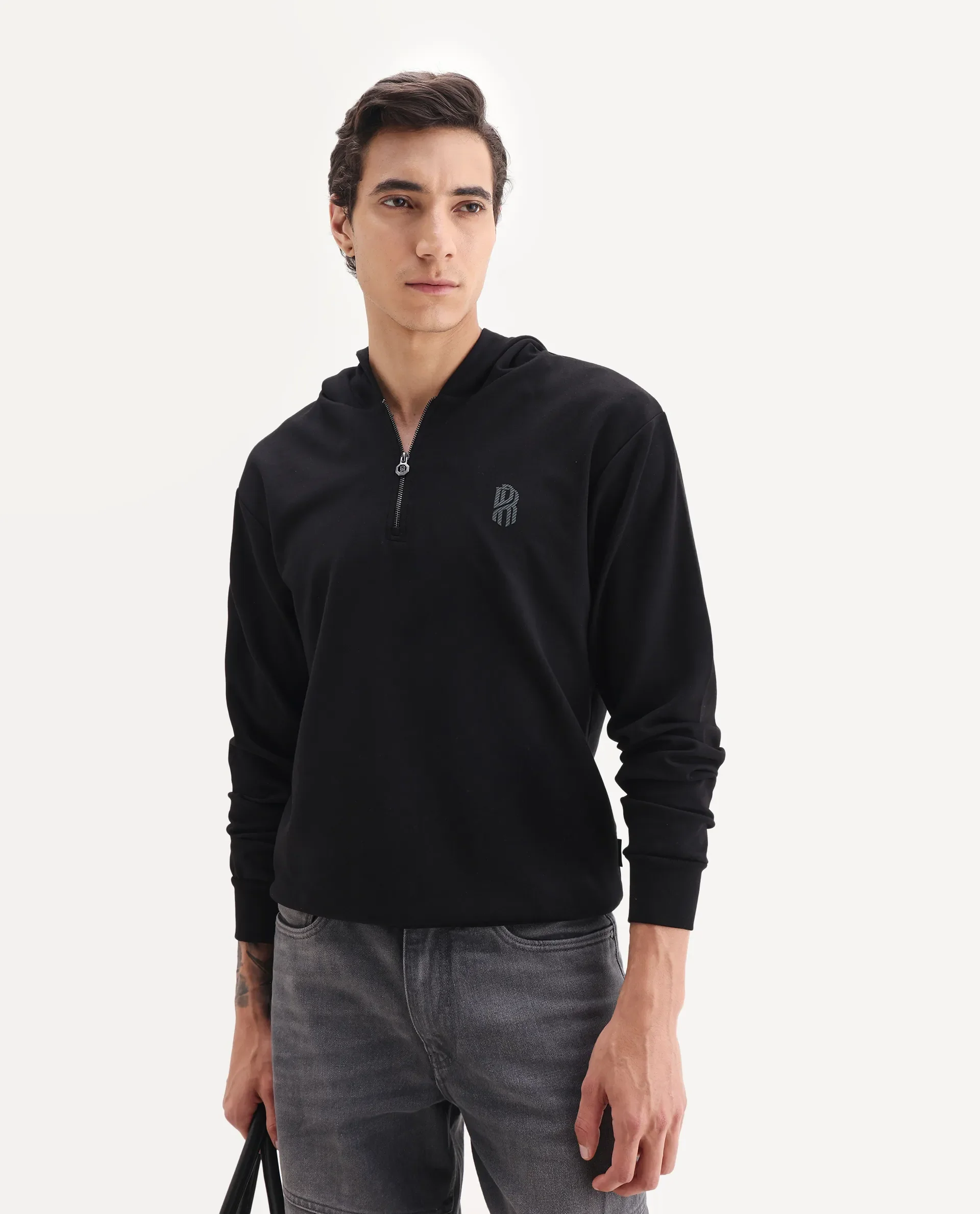 Rare Rabbit Men's Ezra Black Cotton Blend Fabric Full Sleeve Hooded Graphic Print Sweatshirt - Image 4