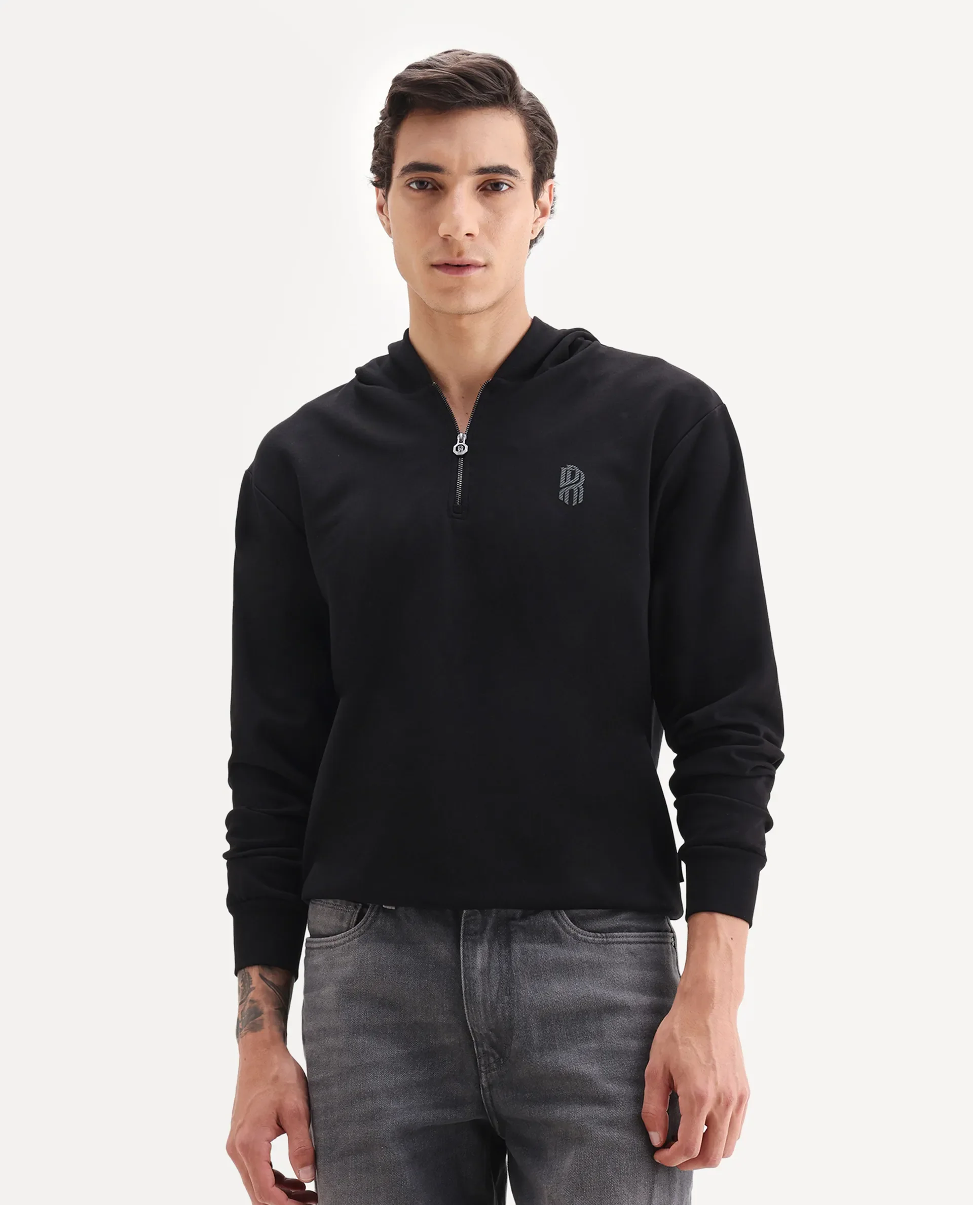Rare Rabbit Men's Ezra Black Cotton Blend Fabric Full Sleeve Hooded Graphic Print Sweatshirt - Image 5