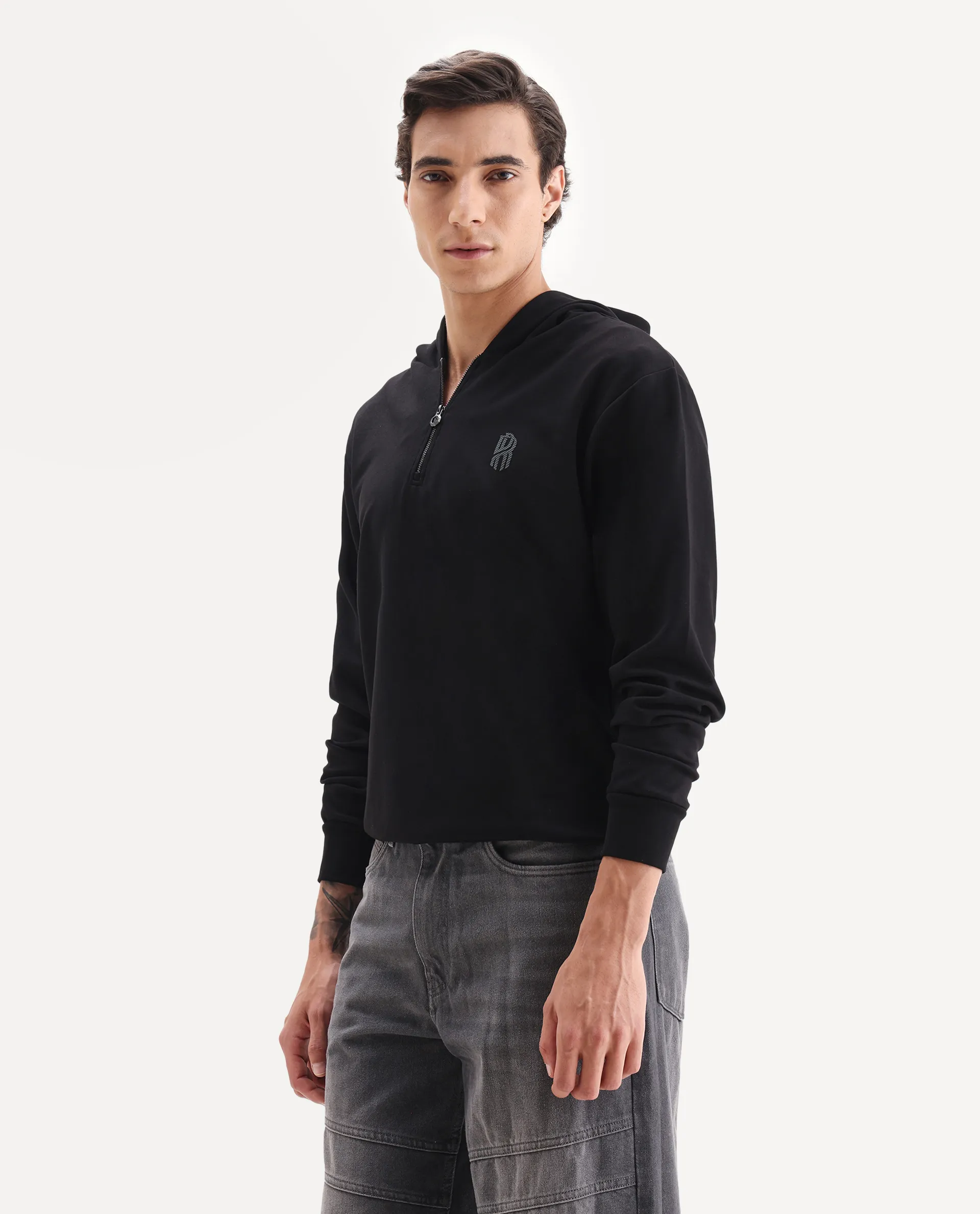 Rare Rabbit Men's Ezra Black Cotton Blend Fabric Full Sleeve Hooded Graphic Print Sweatshirt - Image 6