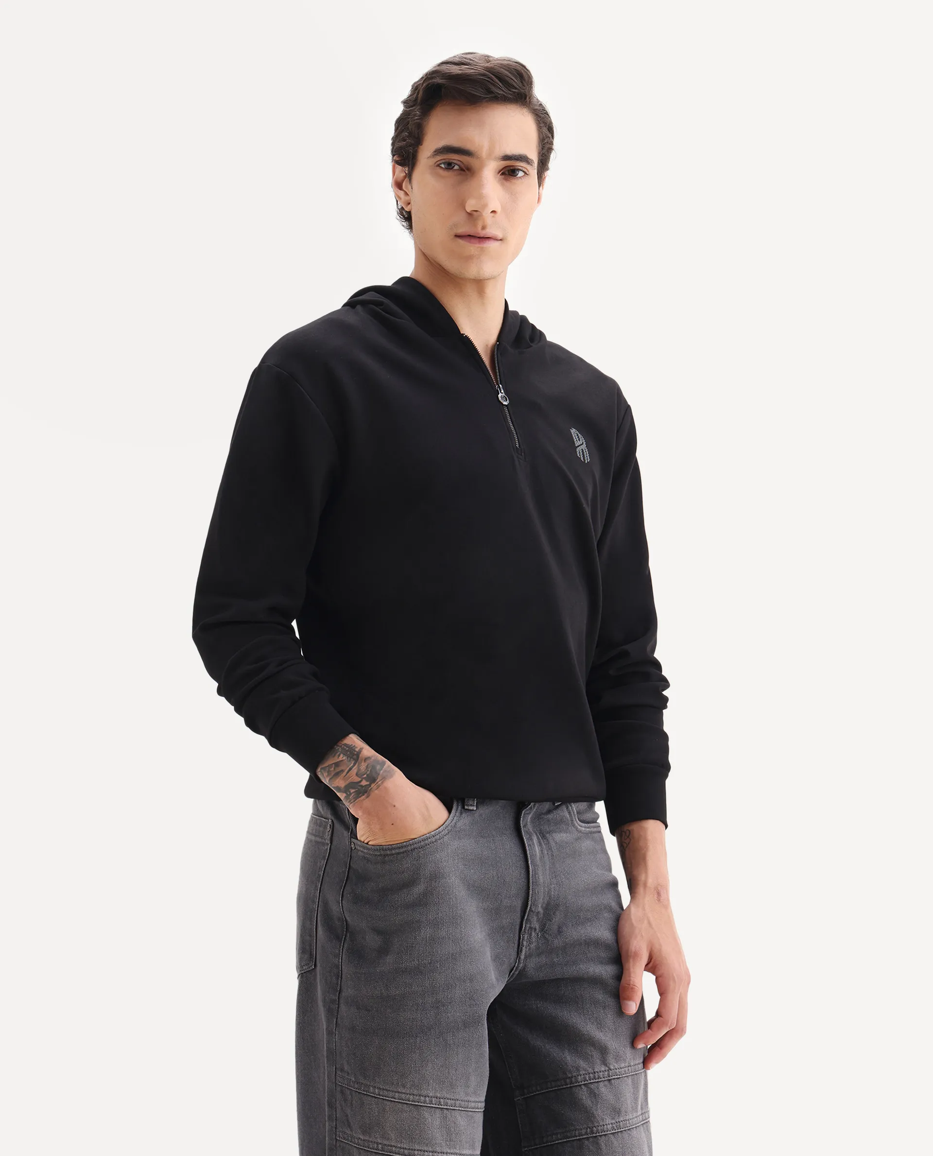 Rare Rabbit Men's Ezra Black Cotton Blend Fabric Full Sleeve Hooded Graphic Print Sweatshirt - Image 7