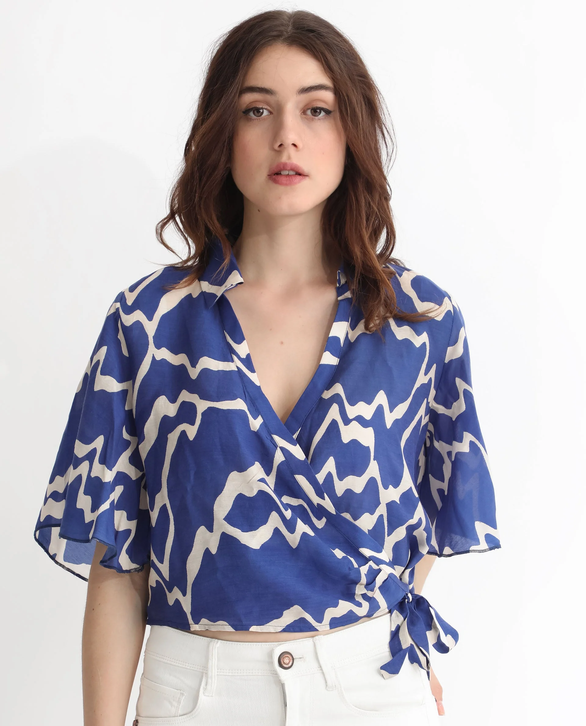 Rareism Womens Ezrai Blue Top Short Sleeve Hip Length Abstract