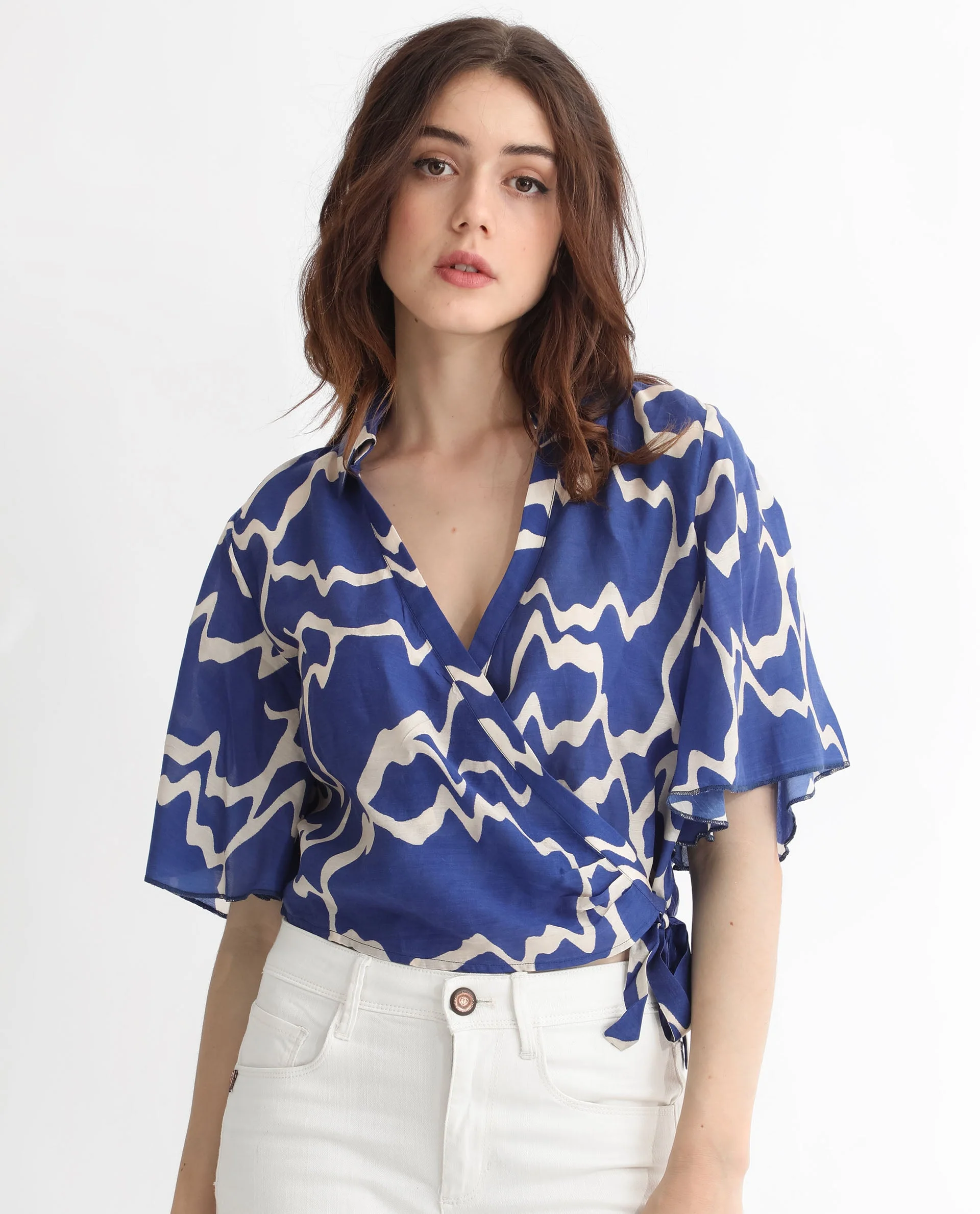 Rareism Womens Ezrai Blue Top Short Sleeve Hip Length Abstract - Image 2