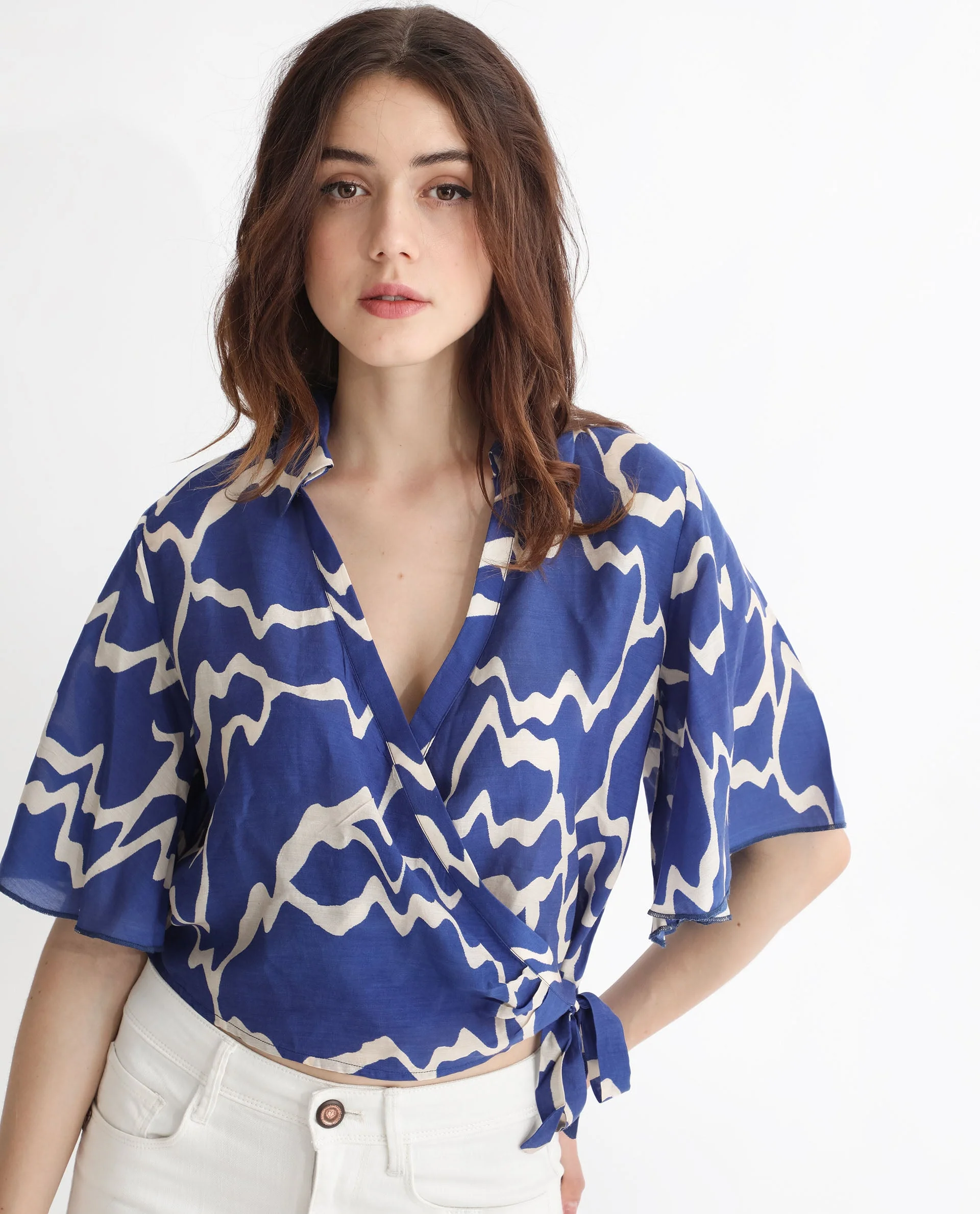 Rareism Womens Ezrai Blue Top Short Sleeve Hip Length Abstract - Image 4
