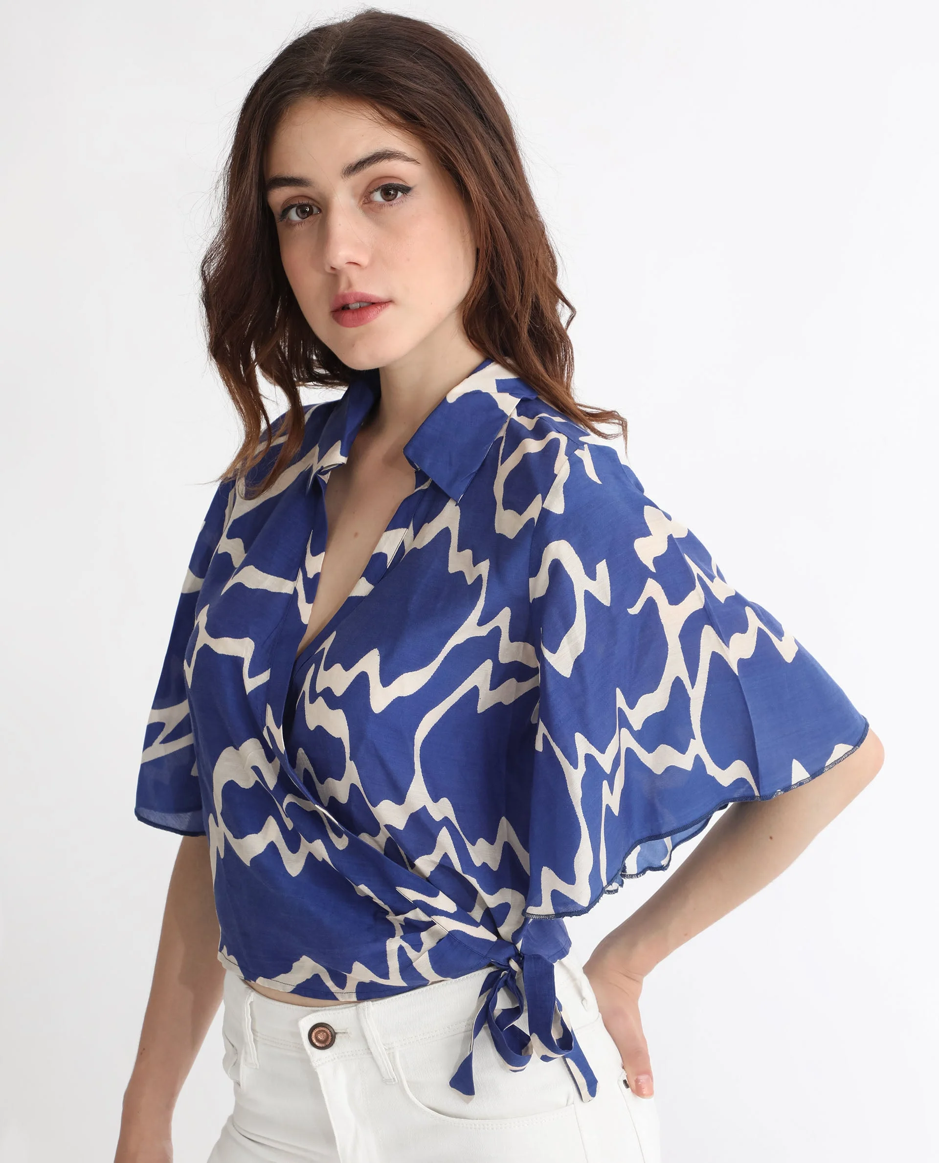 Rareism Womens Ezrai Blue Top Short Sleeve Hip Length Abstract - Image 7