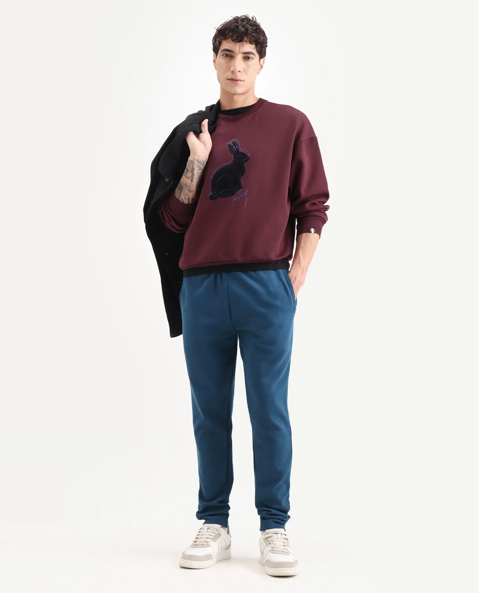 Rare Rabbit Men's Ezy Maroon Cotton Blend Graphic Print Oversized Fit Full Sleeve Crew Neck Sweatshirt - Image 2