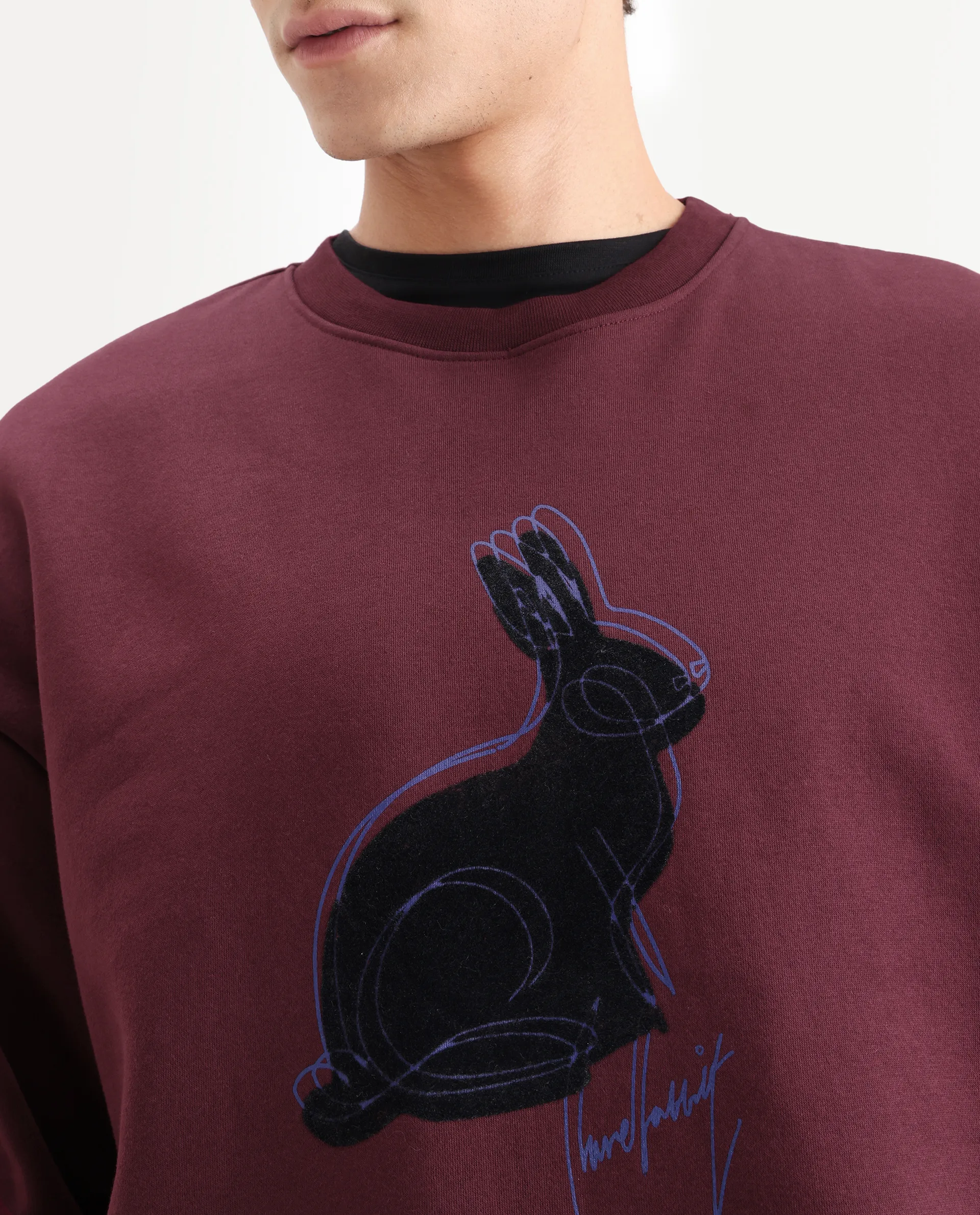 Rare Rabbit Men's Ezy Maroon Cotton Blend Graphic Print Oversized Fit Full Sleeve Crew Neck Sweatshirt - Image 3