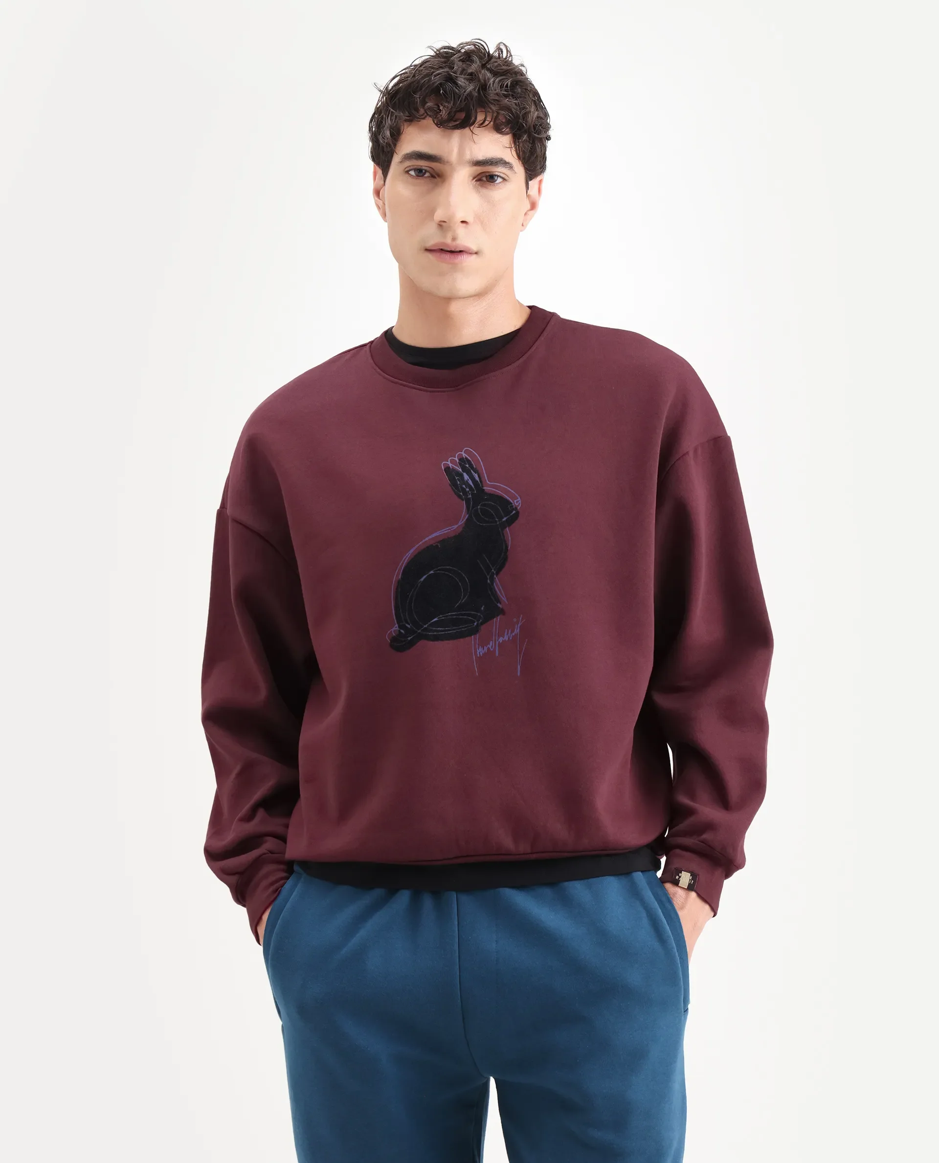 Rare Rabbit Men's Ezy Maroon Cotton Blend Graphic Print Oversized Fit Full Sleeve Crew Neck Sweatshirt - Image 4
