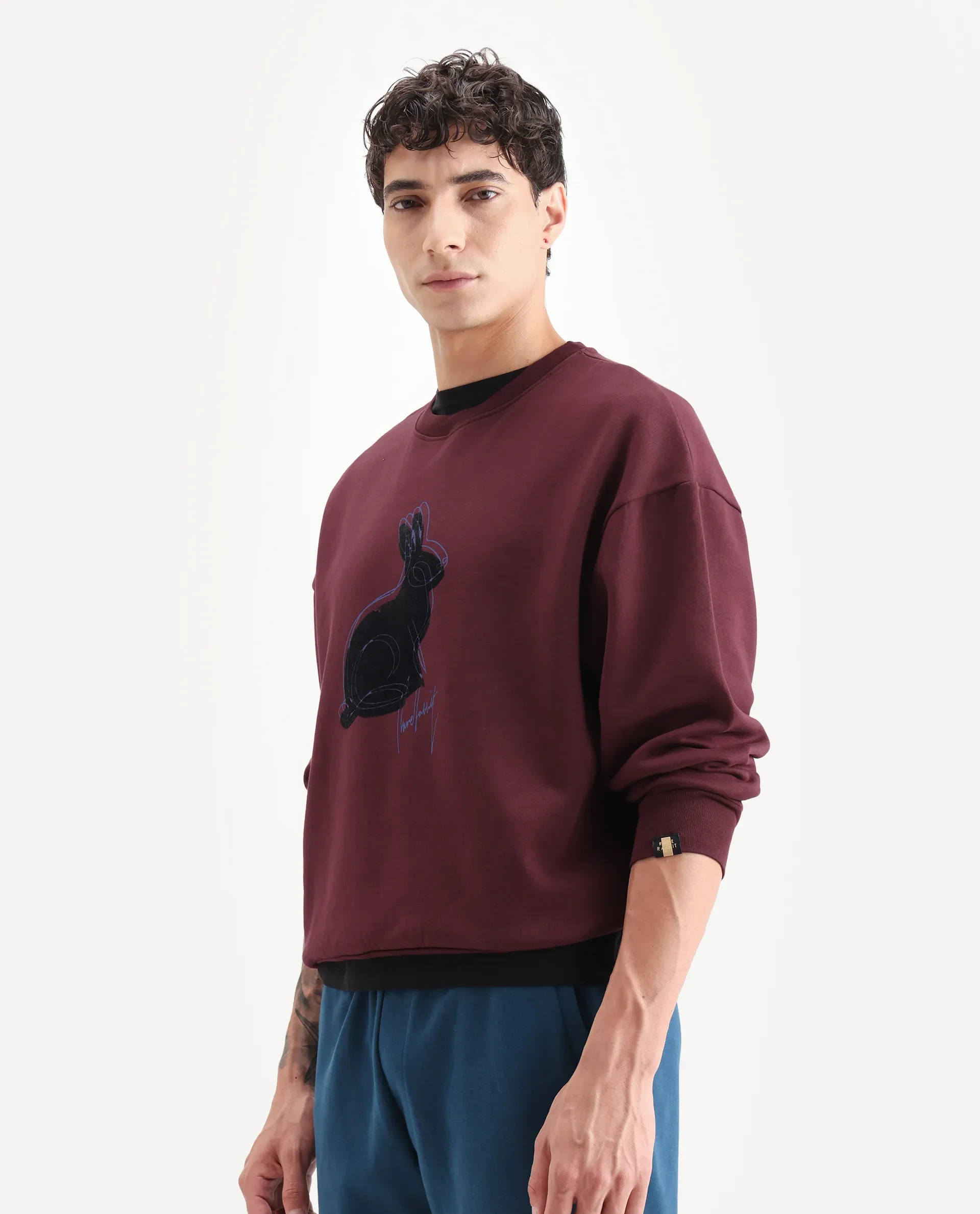 Rare Rabbit Men's Ezy Maroon Cotton Blend Graphic Print Oversized Fit Full Sleeve Crew Neck Sweatshirt - Image 5