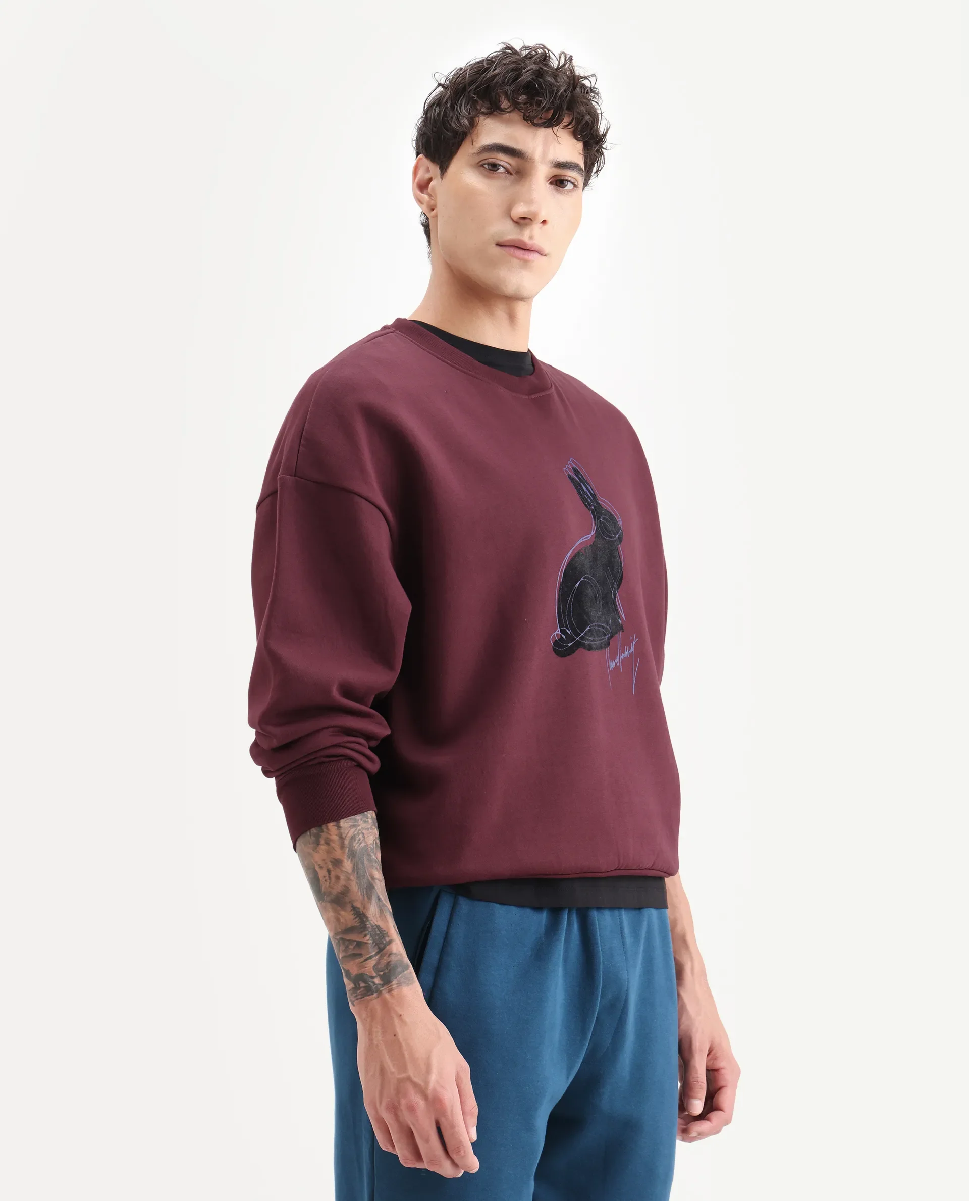 Rare Rabbit Men's Ezy Maroon Cotton Blend Graphic Print Oversized Fit Full Sleeve Crew Neck Sweatshirt - Image 6