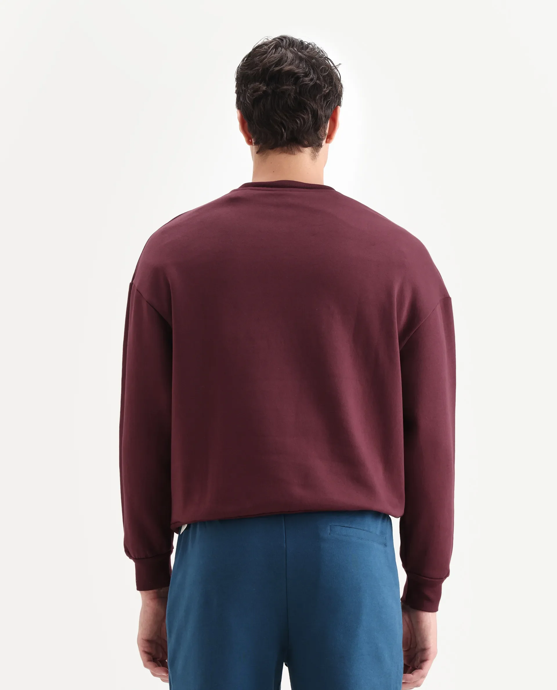 Rare Rabbit Men's Ezy Maroon Cotton Blend Graphic Print Oversized Fit Full Sleeve Crew Neck Sweatshirt - Image 7