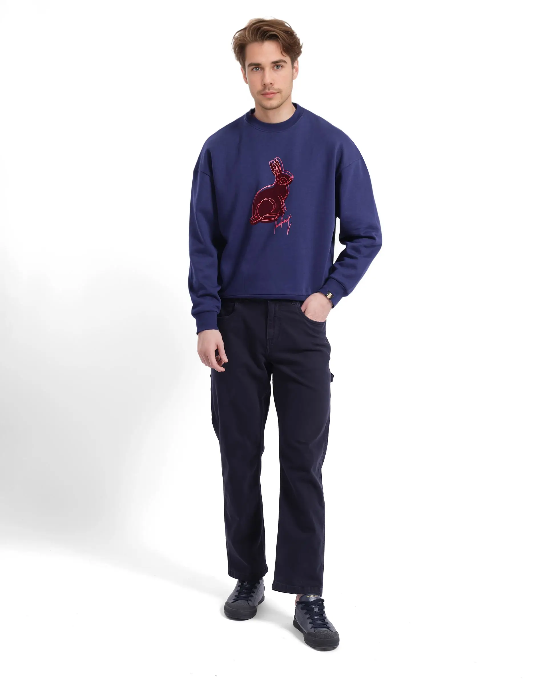 Rare Rabbit Men's Ezy Navy Cotton Blend Graphic Print Oversized Fit Full Sleeve Crew Neck Sweatshirt - Image 2