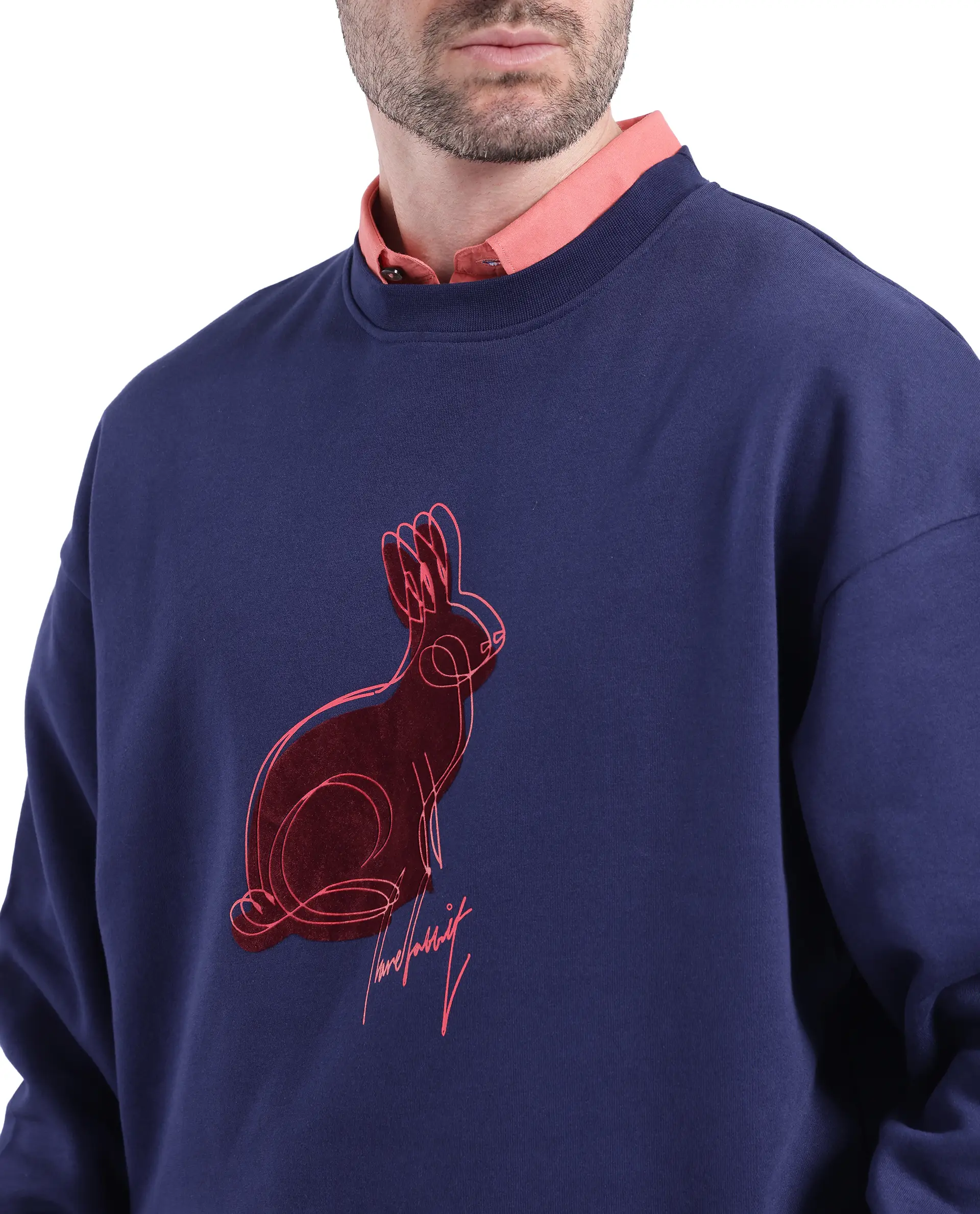 Rare Rabbit Men's Ezy Navy Cotton Blend Graphic Print Oversized Fit Full Sleeve Crew Neck Sweatshirt - Image 3