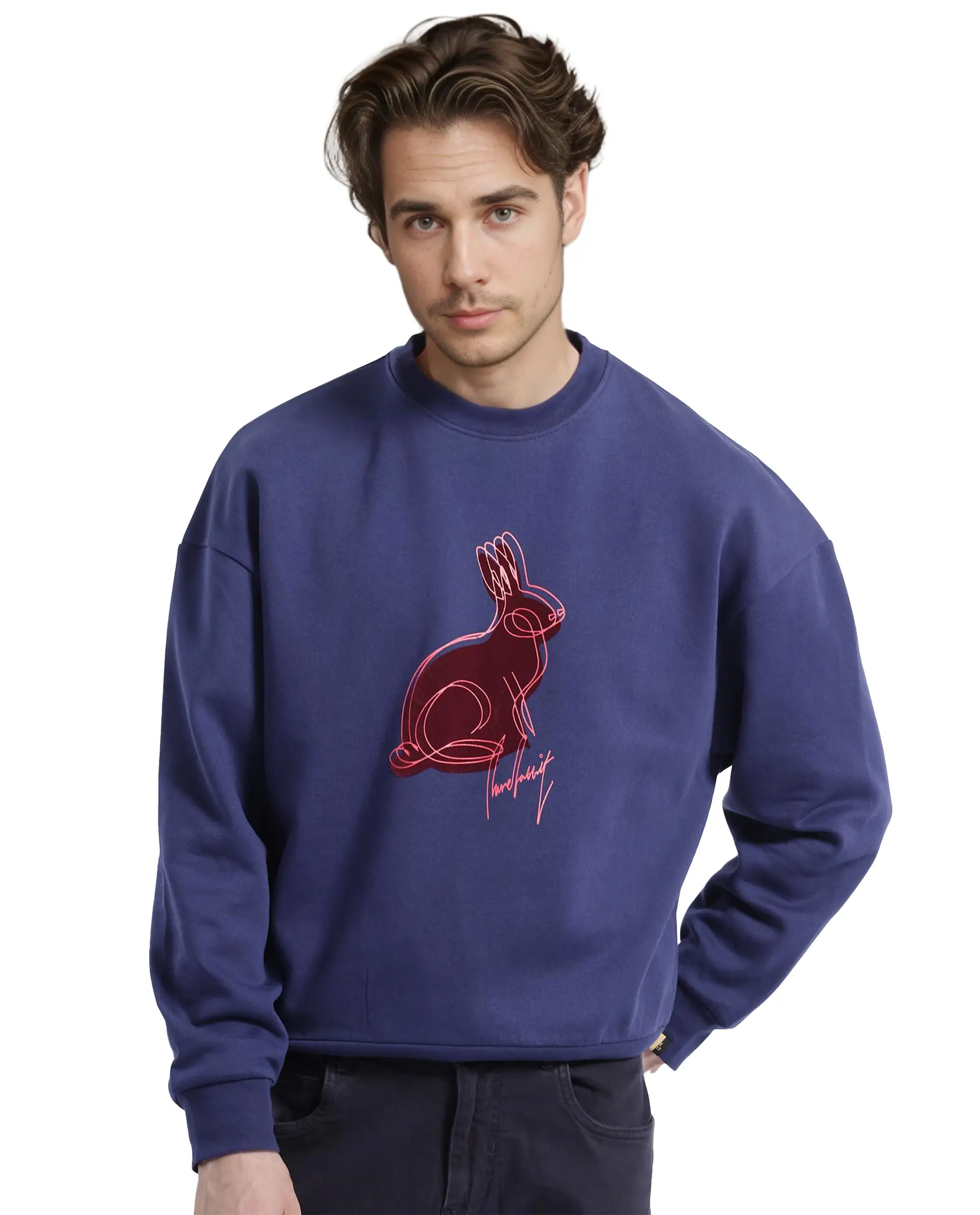 Rare Rabbit Men's Ezy Navy Cotton Blend Graphic Print Oversized Fit Full Sleeve Crew Neck Sweatshirt - Image 4