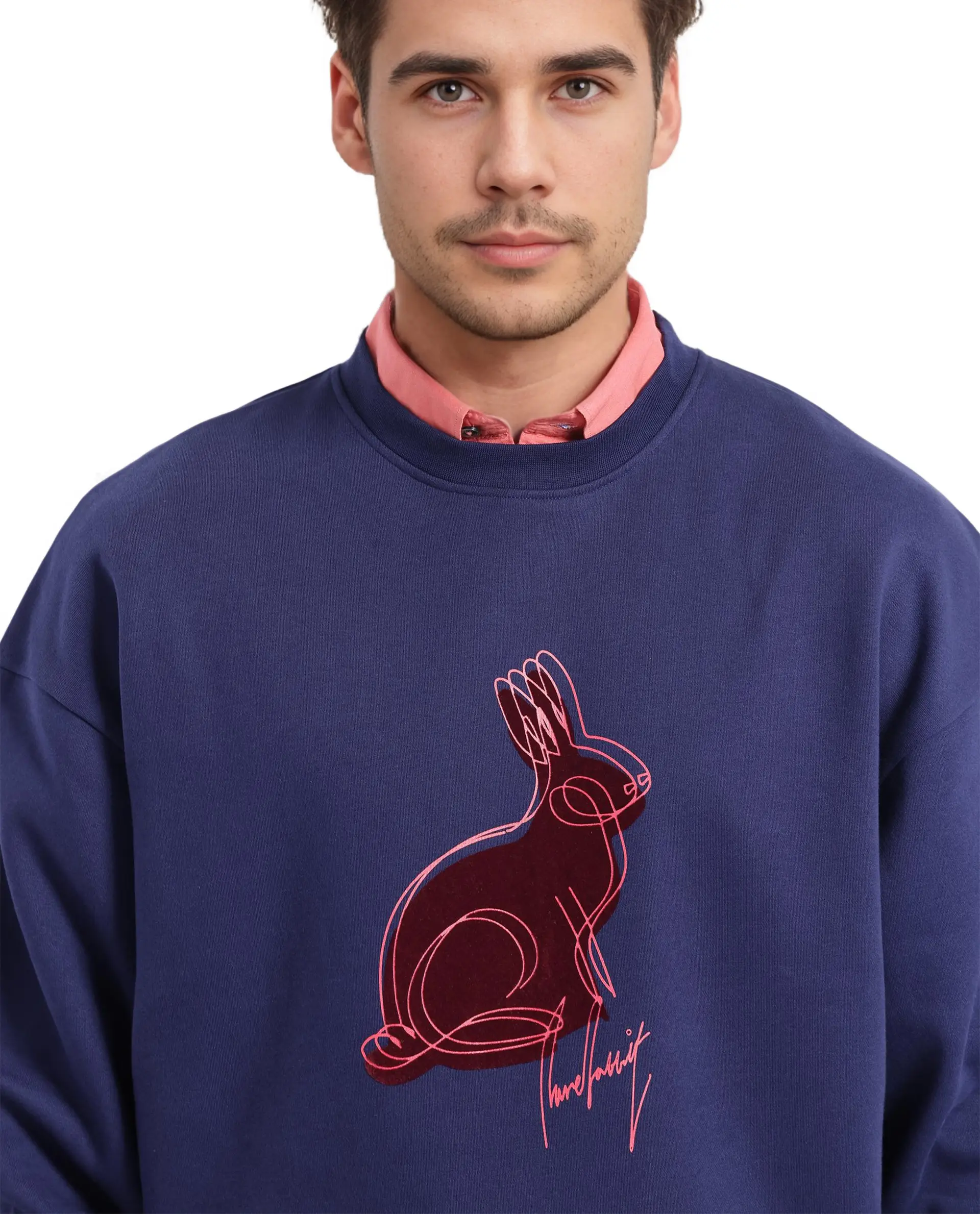 Rare Rabbit Men's Ezy Navy Cotton Blend Graphic Print Oversized Fit Full Sleeve Crew Neck Sweatshirt - Image 5