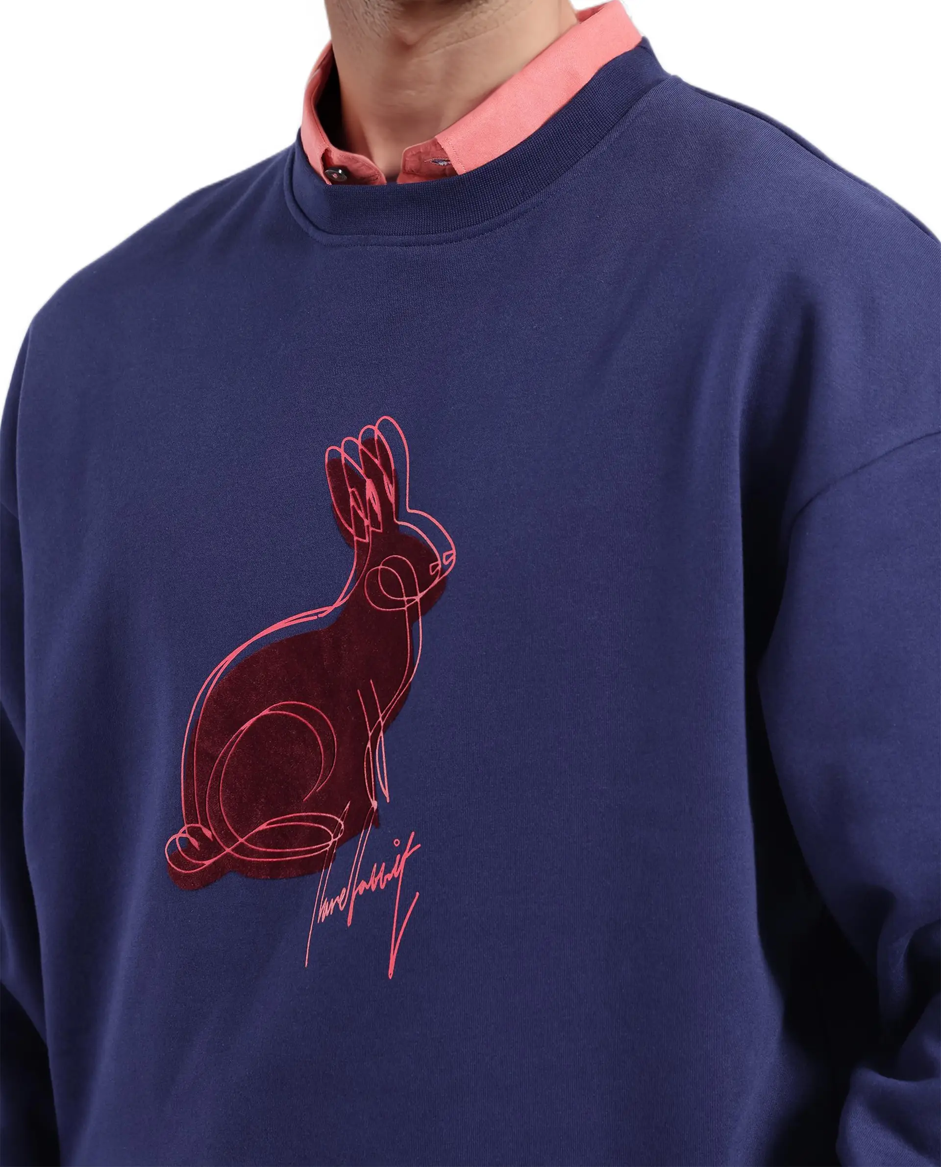 Rare Rabbit Men's Ezy Navy Cotton Blend Graphic Print Oversized Fit Full Sleeve Crew Neck Sweatshirt - Image 6
