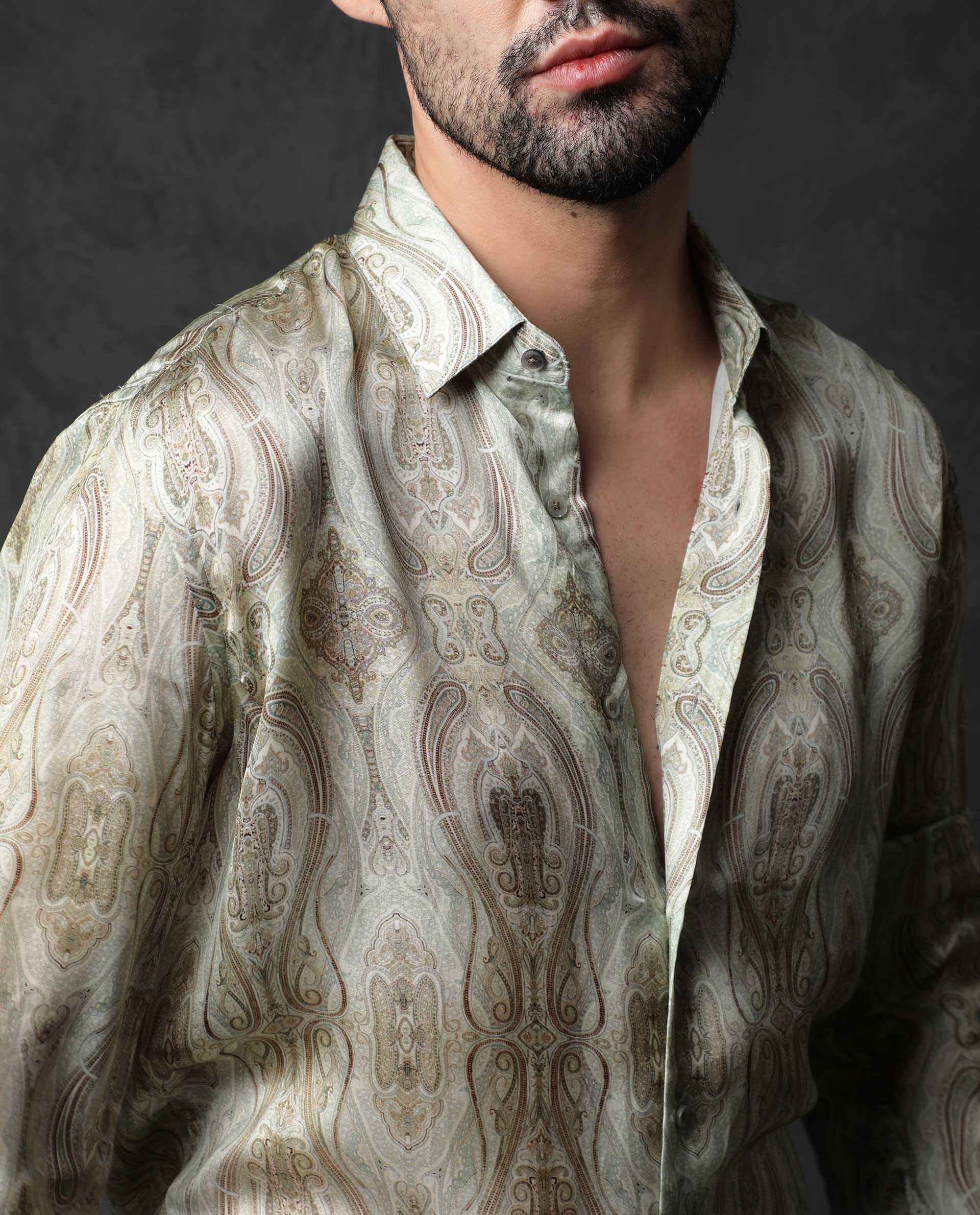 Rare Rabbit Men's Fable Olive Cotton Paisley Print Regular Fit Full Sleeve Collared Shirt - Image 2